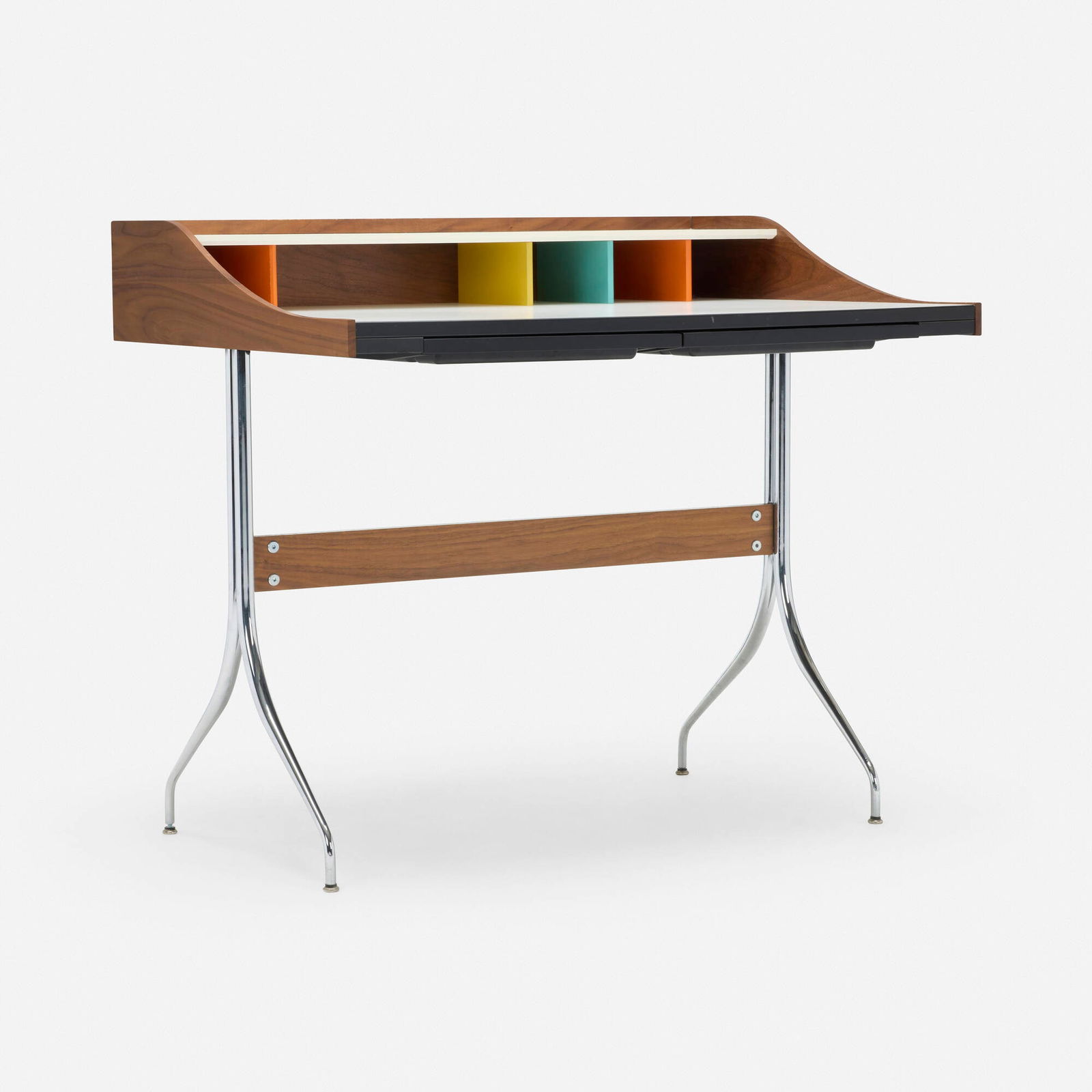 George Nelson & Associates, Swag Leg desk, model 5850: George Nelson & Associates Swag Leg desk, model 5850 Herman MillerUSA, 1954 / c. 2000walnut, chrome-plated steel, laminate, lacquered wood 34.375 h x 39 w x 29 d in (87 x 99 x 74 cm) Des
