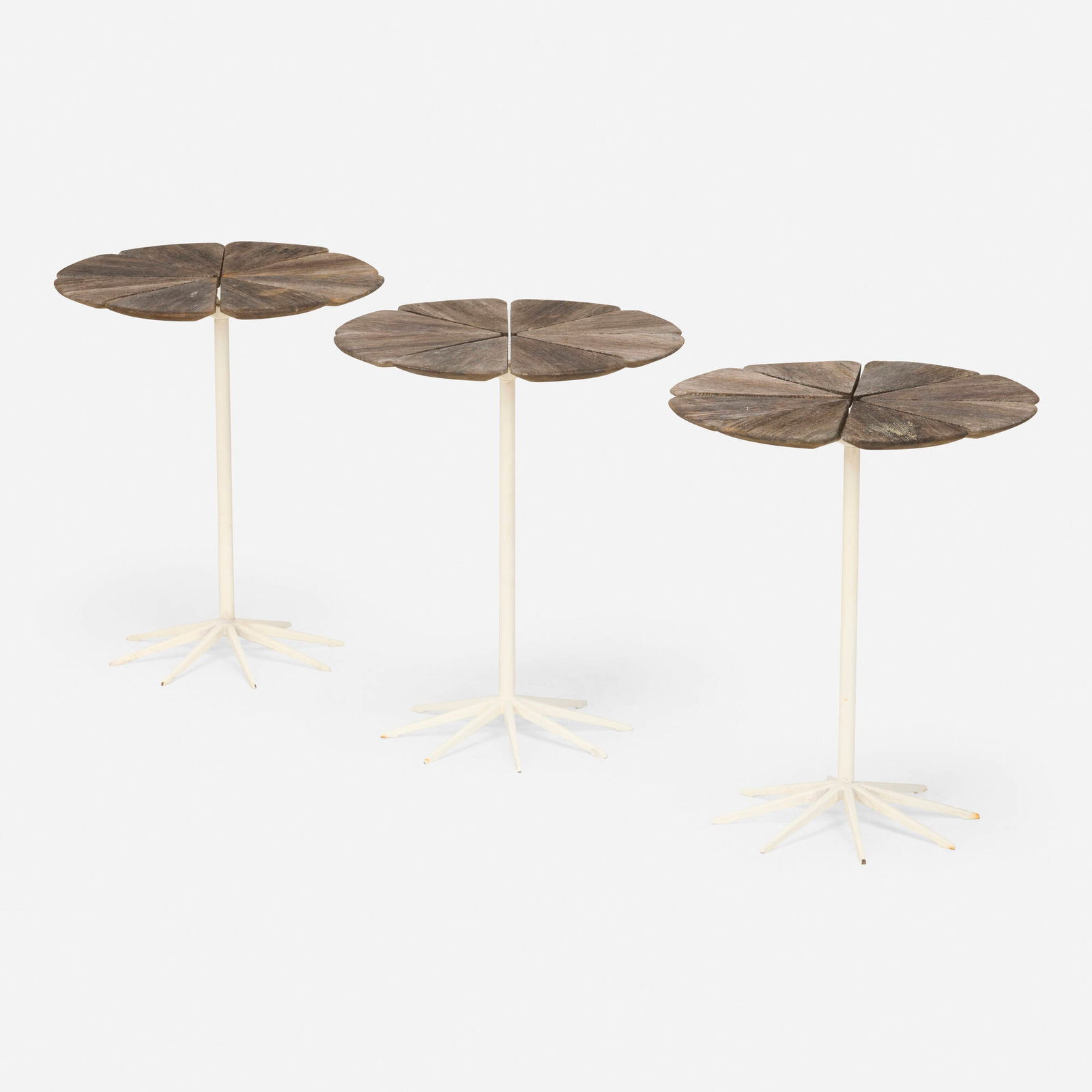 Richard Schultz, Petal occasional tables model P320, set of three: Richard Schultz Petal occasional tables model P320, set of three Knoll AssociatesUSA, 1960enameled steel, redwood 19 h x 16 dia in (48 x 41 cm) Literature: Knoll Desi