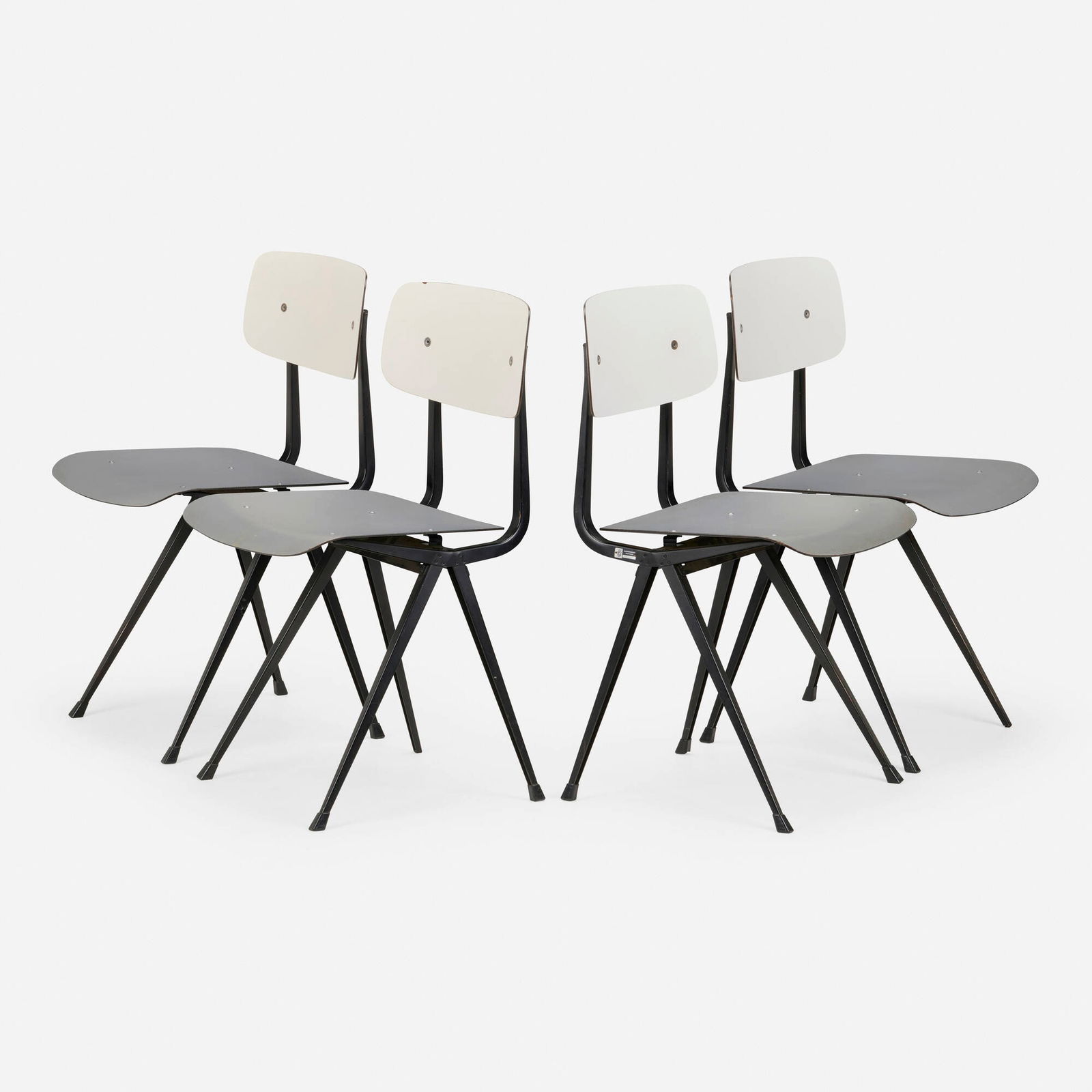 Wim Rietveld and Friso Kramer, Result chairs, set of four: Wim Rietveld and Friso Kramer Result chairs, set of four Ahrend de CirkelThe Netherlands/France, 1959enameled steel, pressed and lacquered ciranol, plastic 31.5 h x 17.5 w x 18 d in (80 x 44 x