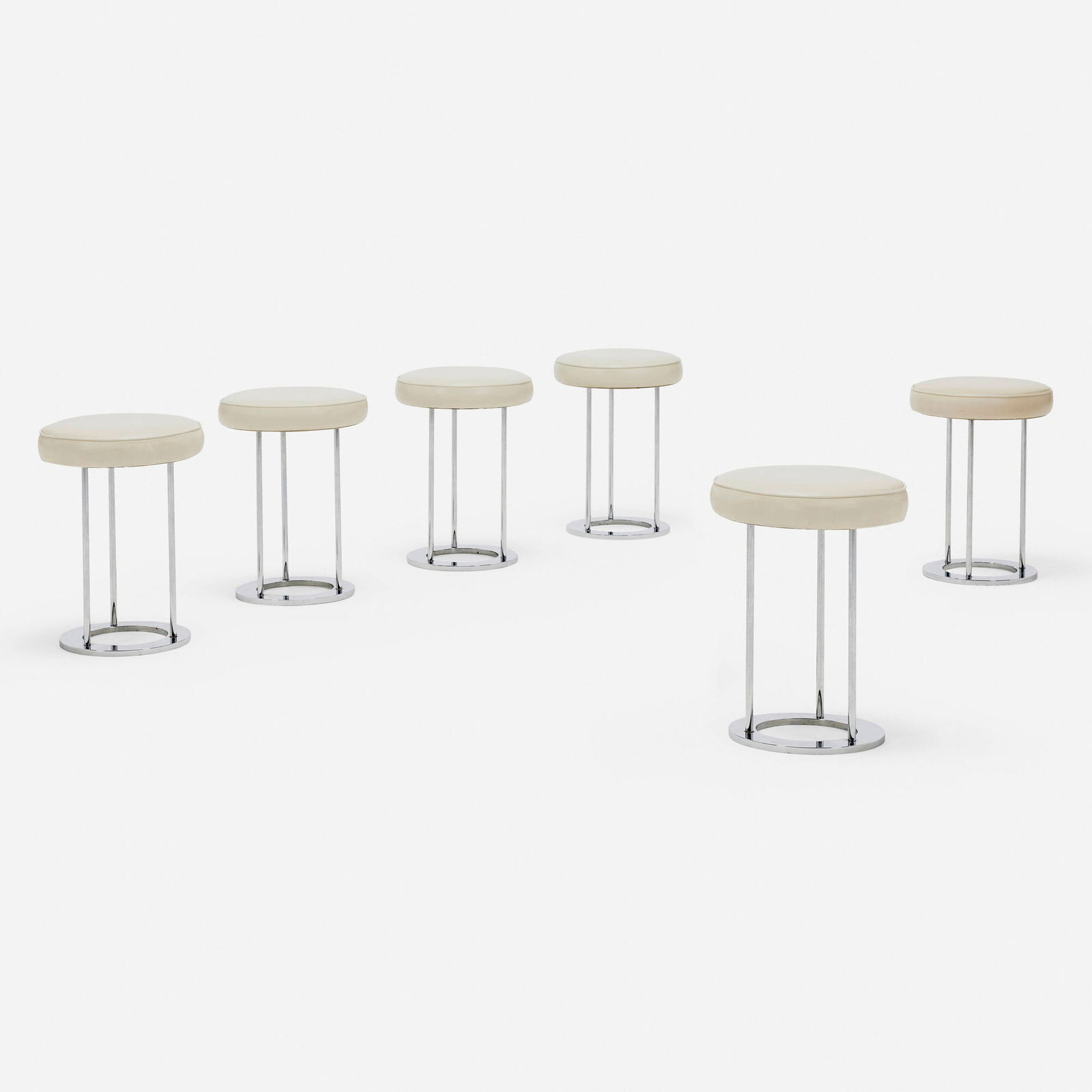 Paul Mayen, Stools, set of six: Paul Mayen Stools, set of six HabitatUSA, c. 1970chrome-plated steel, leather 17 h x 12.5 dia in (43 x 32 cm) Stamped to underside of each example. This work will shi