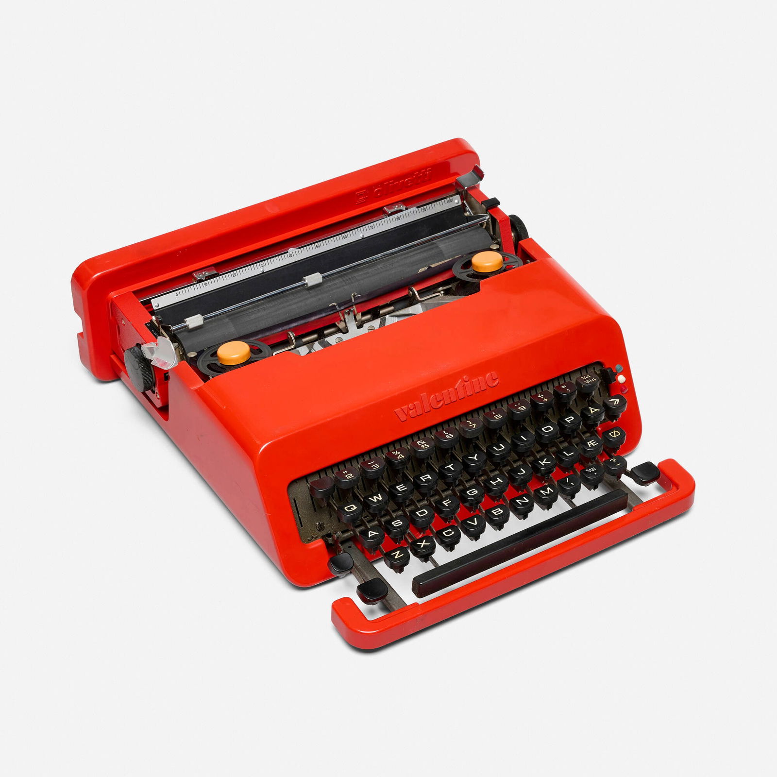Ettore Sottsass, Valentine typewriter: Ettore Sottsass Valentine typewriter OlivettiItaly / Spain, 1969plastic, enameled steel, metal, rubber 4.5 h x 13.5 w x 14 d in (11 x 34 x 36 cm) Molded manufacturer's mark to case 'Oliv