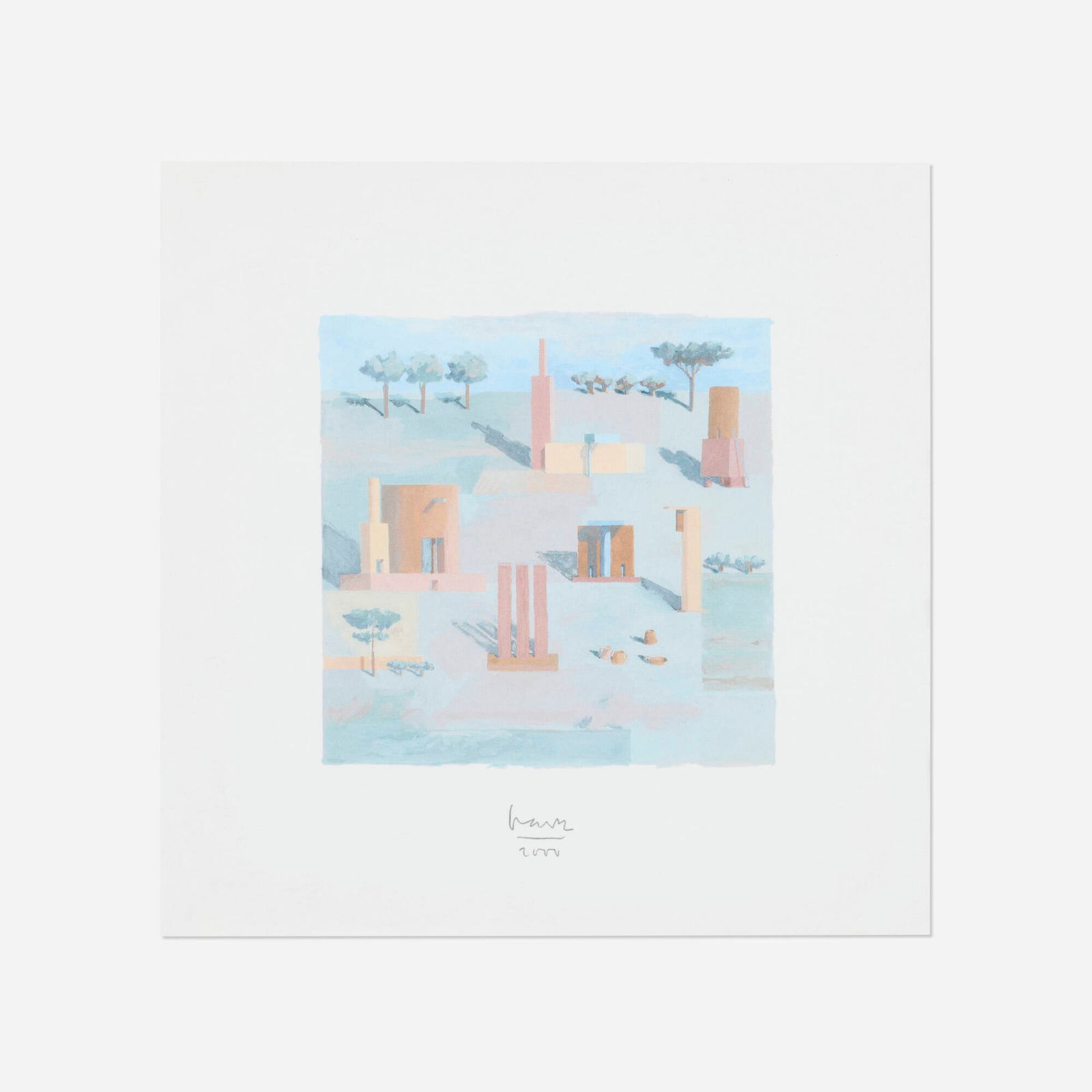 Michael Graves, Untitled: Michael Graves Untitled 2000offset lithograph in colors image: 4.75 h x 4.75 w in (12 x 12 cm) sight: 7.625 h x 7.625 w in (19 x 19 cm) Signed and dated to lower edge 'Graves 2000'. <