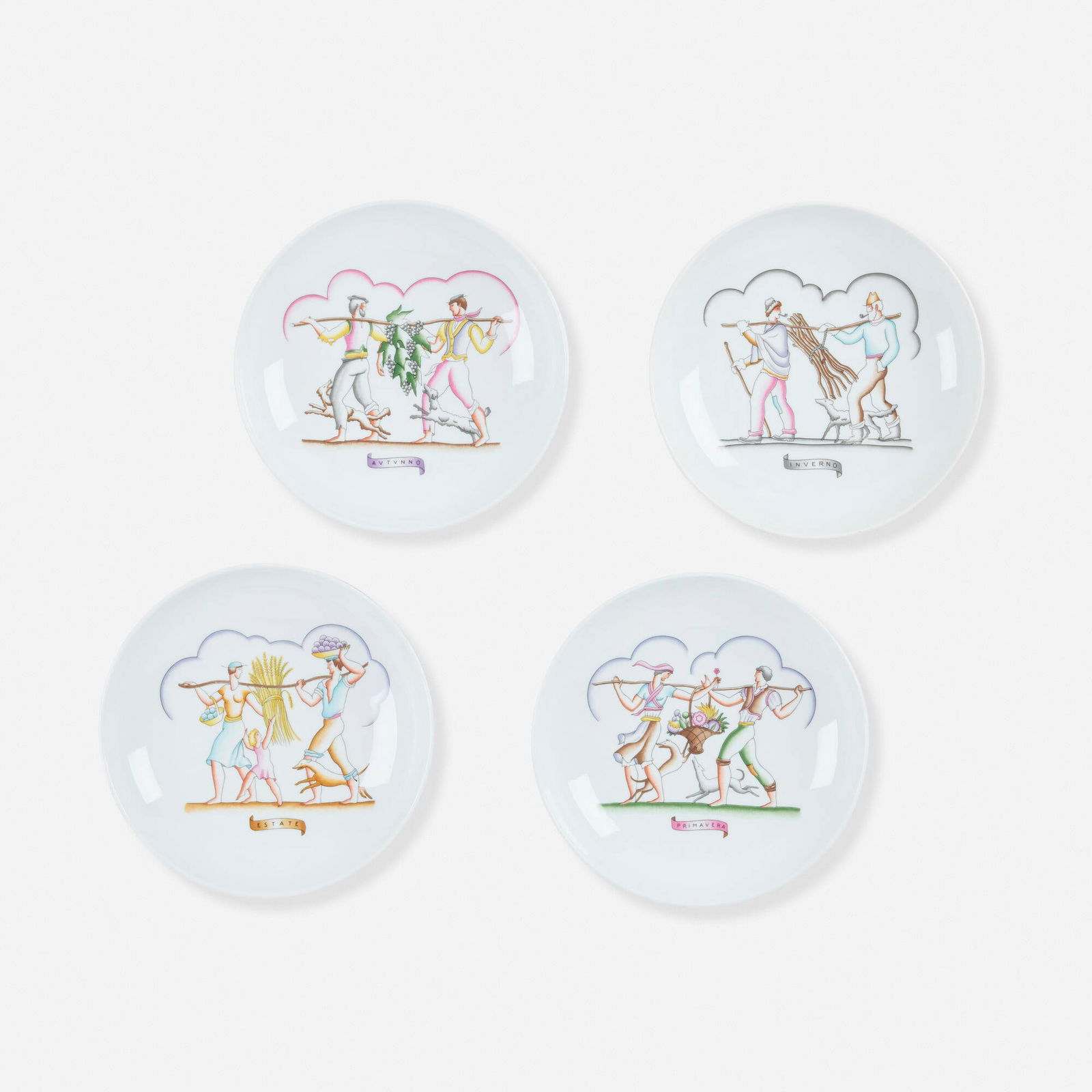 Gio Ponti, Le quattro stagioni plates, set of four: Gio Ponti Le quattro stagioni plates, set of four Richard GinoriItaly, 1927-28 / c. 2015transfer-printed porcelain 1.75 h x 9.125 dia in (4 x 23 cm) Set includes Primavera, Est