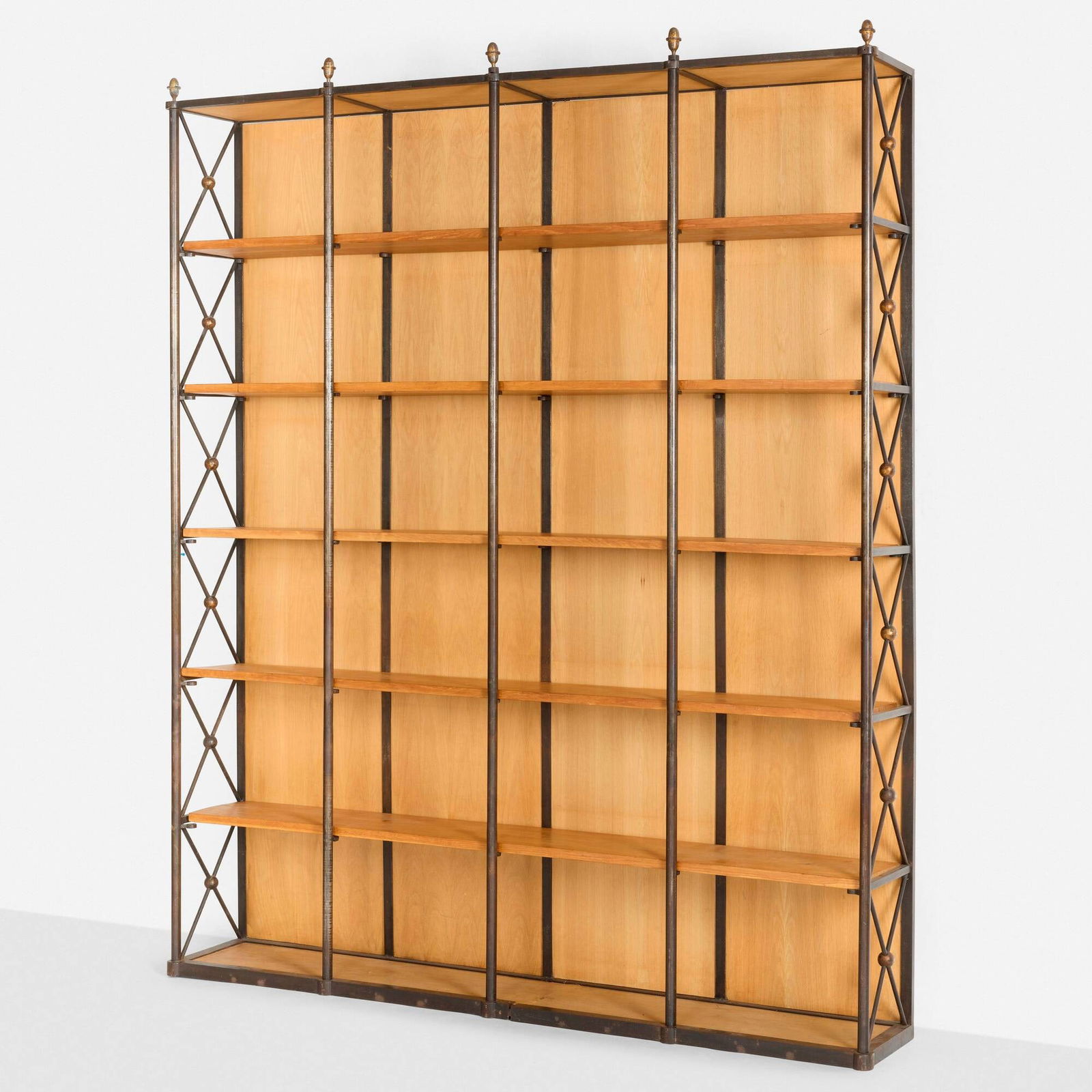 Andre Arbus and Gilbert Poillerat, Bookcase: Andre Arbus and Gilbert Poillerat Bookcase France, c. 1955patinated and gilt steel, oak 101.75 h x 83 w x 14.25 d in (258 x 211 x 36 cm) Bookcase features five fixed shelves. Pr