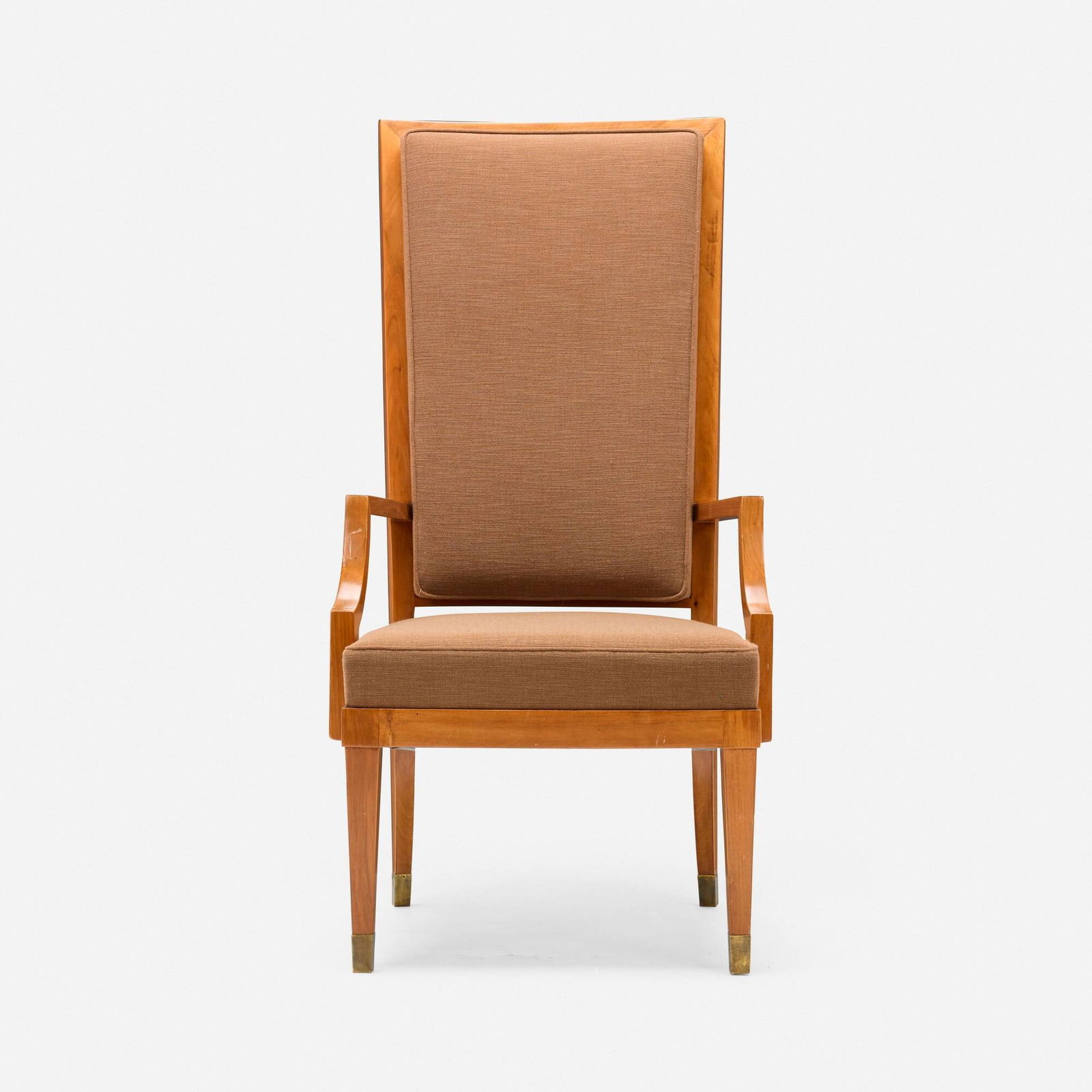 Andre Arbus, Tall-back armchair: Andre Arbus Tall-back armchair France, c. 1940walnut, upholstery, brass 51.125 h x 25.25 w x 27 d in (130 x 64 x 69 cm) Provenance: Galerie Yves Gastou, Paris | Acquired from