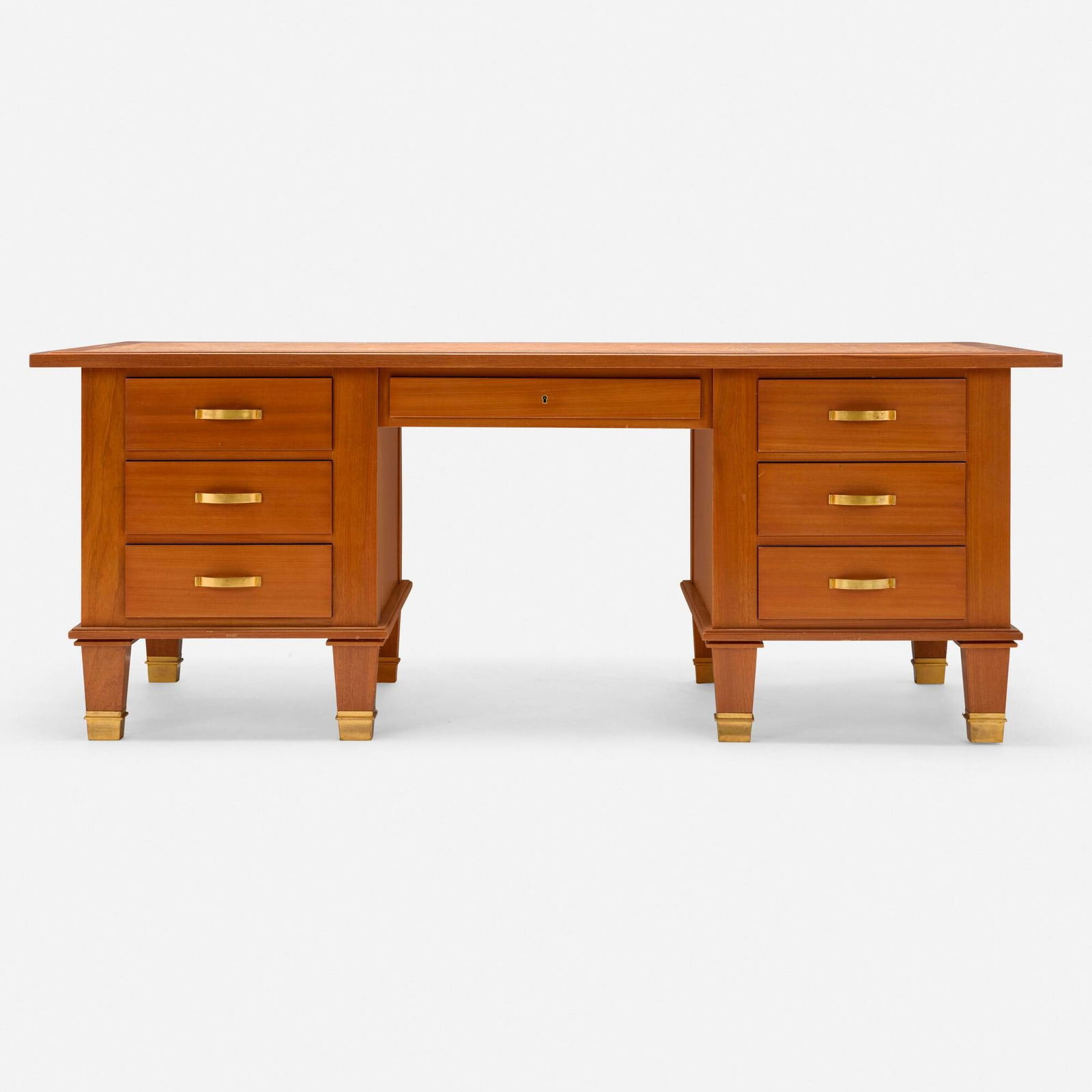 Andre Arbus, Desk: Andre Arbus Desk France, c. 1940mahogany, embossed leather, gilt bronze 31 h x 78.5 w x 35.25 d in (79 x 199 x 90 cm) Desk features seven drawers with a central locking mechanism.
