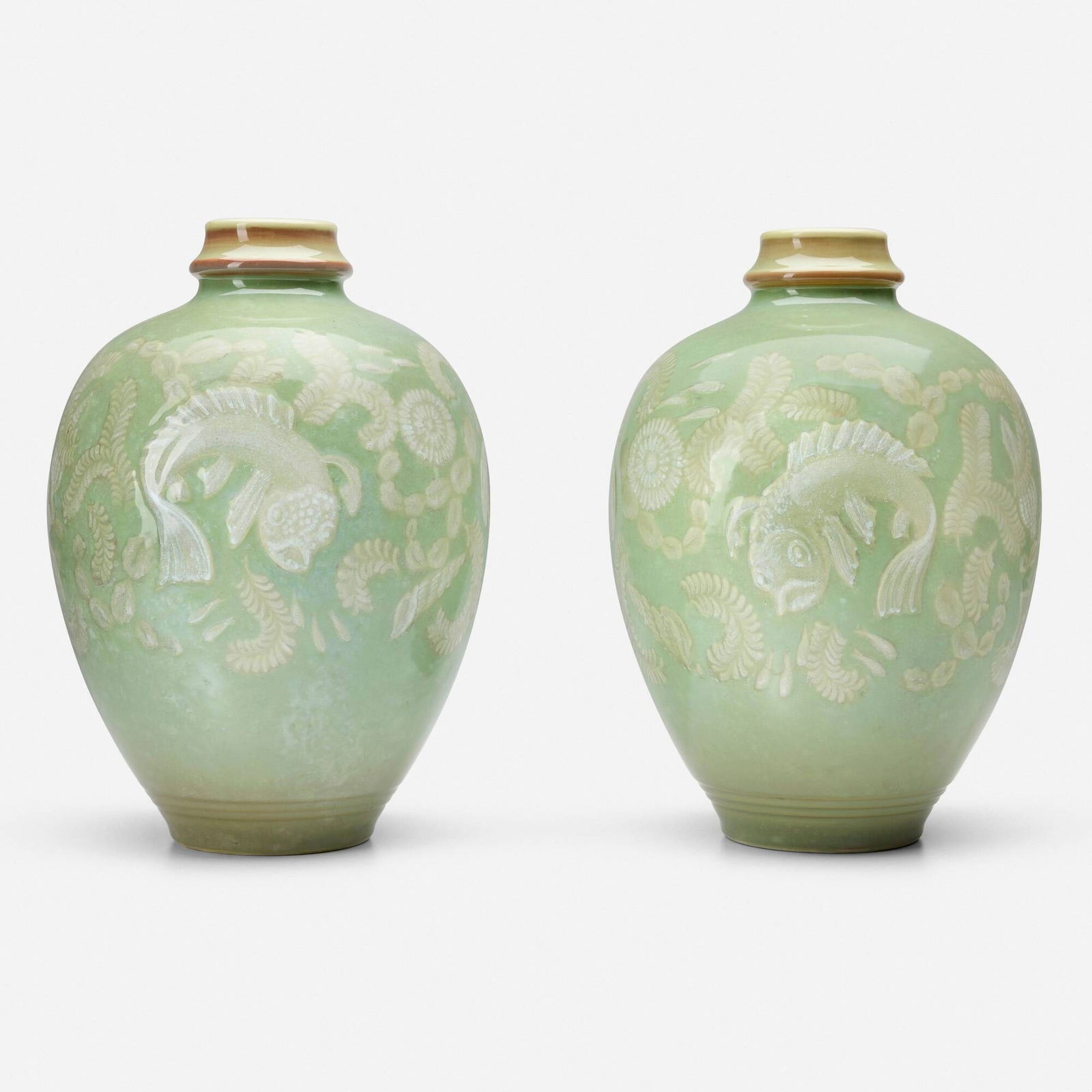 Marcel Prunier for Manufacture Nationale de Sevres, Vases with fish and seaweed, pair: Marcel Prunier for Manufacture Nationale de Sevres Vases with fish and seaweed, pair France, 1943glazed porcelain 12.5 h x 8.5 dia in (32 x 22 cm) Stamped signature and manufacturer's marks to