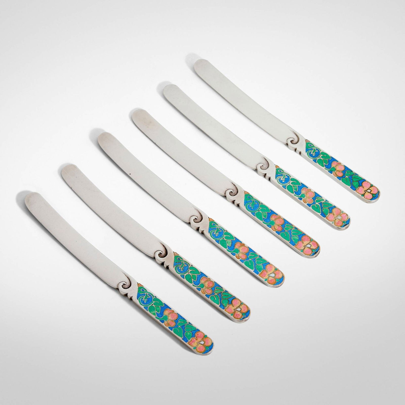 Bernard Instone, George V butter knives, set of six: Bernard Instone George V butter knives, set of six Birmingham, United Kingdom, 1929enameled silver 5.75 h x .5 w x .25 d in (15 x 1 x 1 cm) Impressed maker's mark to underside of each element