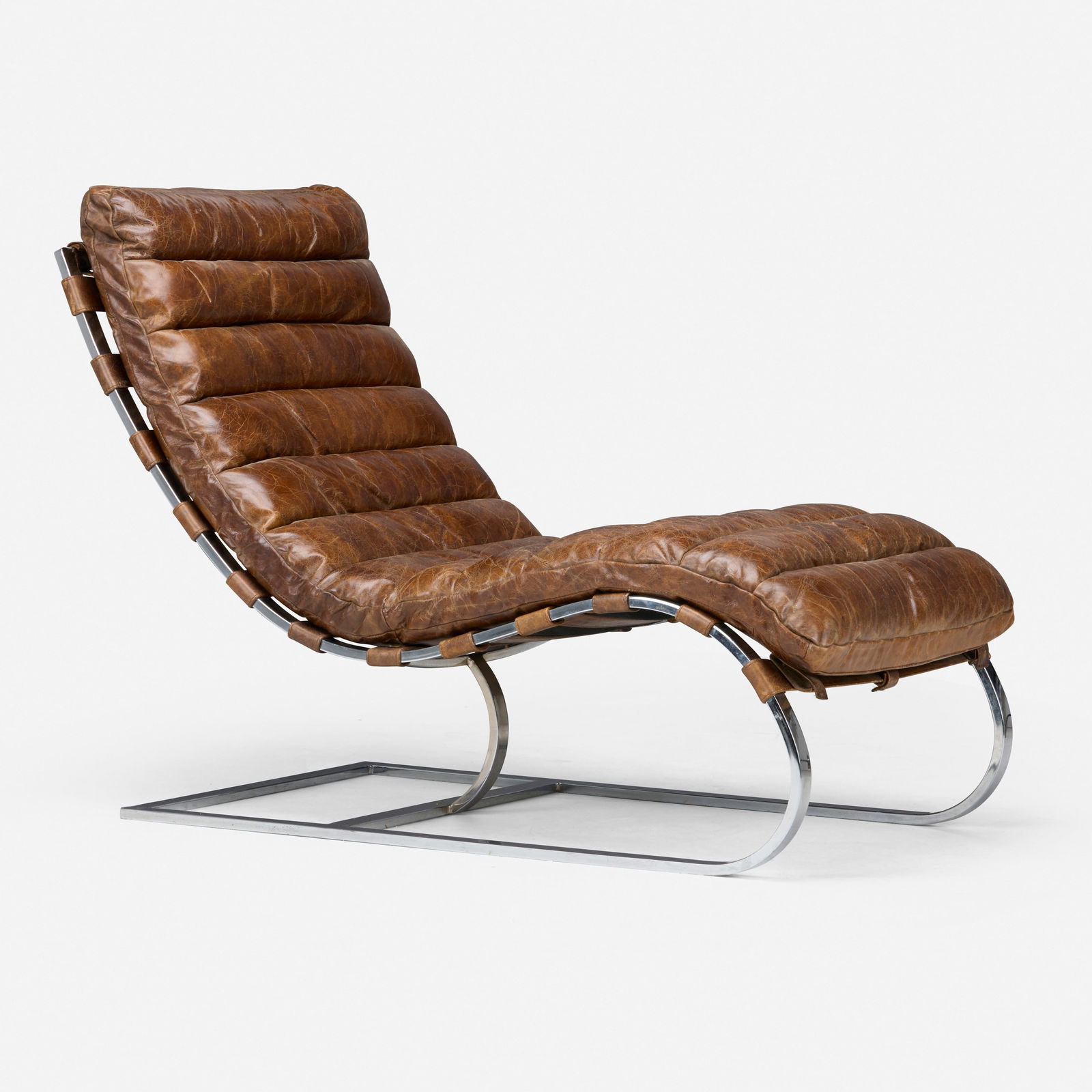 In the manner of Ludwig Mies van der Rohe, Chaise lounge: In the manner of Ludwig Mies van der Rohe Chaise lounge c. 2000chrome-plated stainless steel, distressed leather upholstery 33 h × 23.5 w × 45 d in (84 × 60 × 114 cm) <