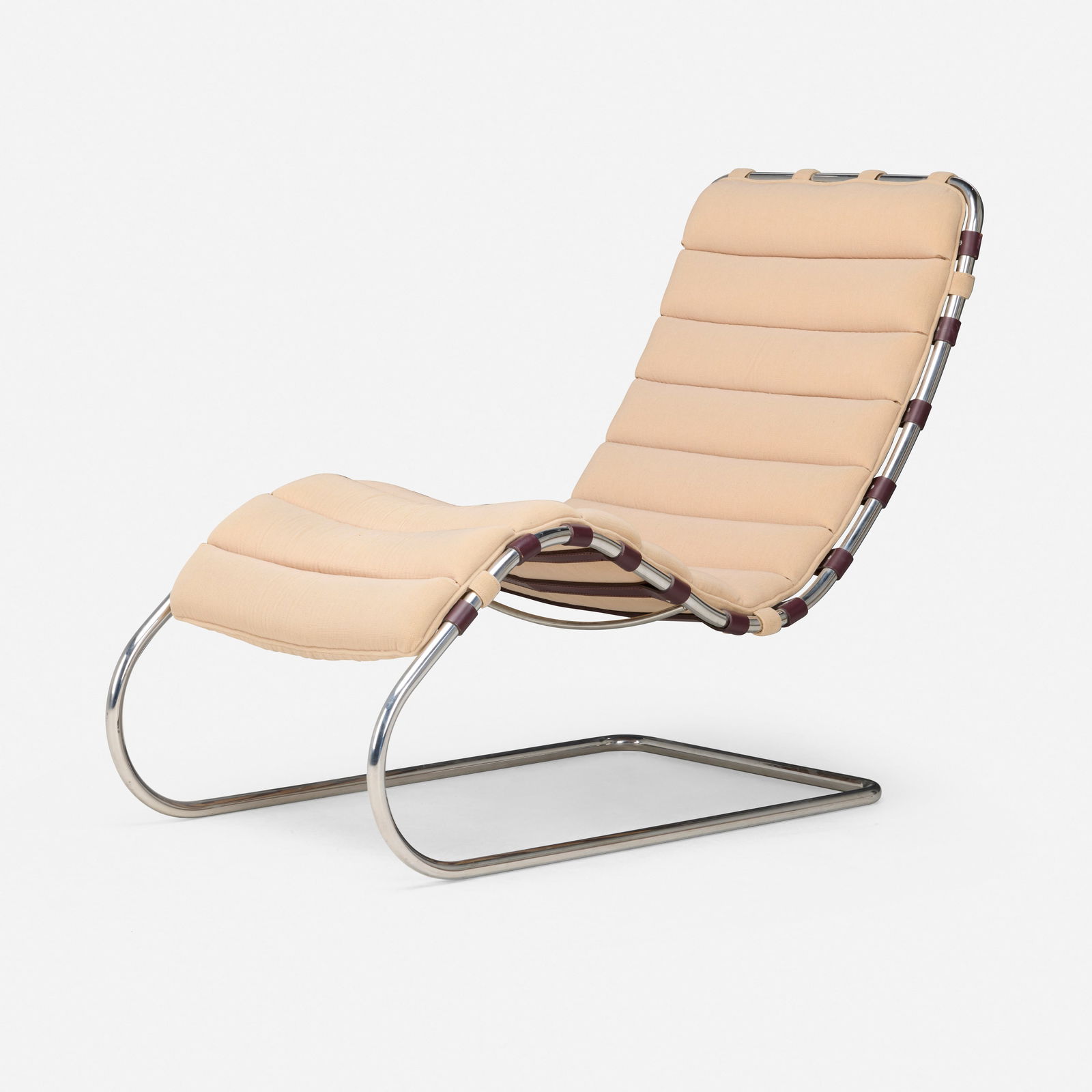 Ludwig Mies van der Rohe, MR chaise lounge: Ludwig Mies van der Rohe MR chaise lounge Knoll InternationalGermany / USA, 1927 / c. 1985chrome-plated steel, leather webbing, upholstered cushion 37 h × 24 w × 45 d in (94 &tim