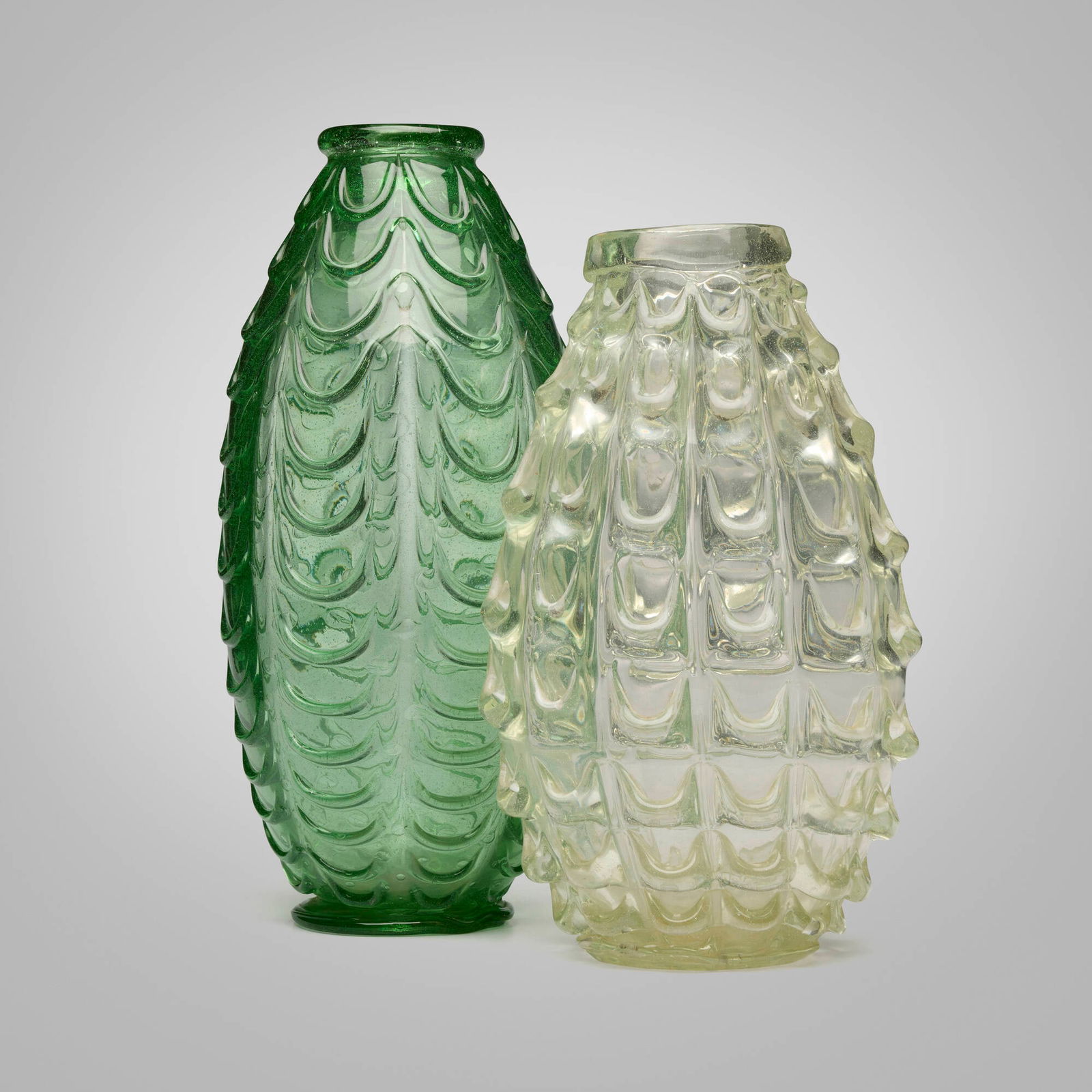 Dino Martens, attribution, Applicazione vases: Dino Martens, attribution Applicazione vases Aureliano TosoItaly, 1940glass with applications 17 h x 8 dia in (43 x 20 cm) 14.5 h x 8.75 w x 6.5 d in (37 x 22 x 17 cm) Provena