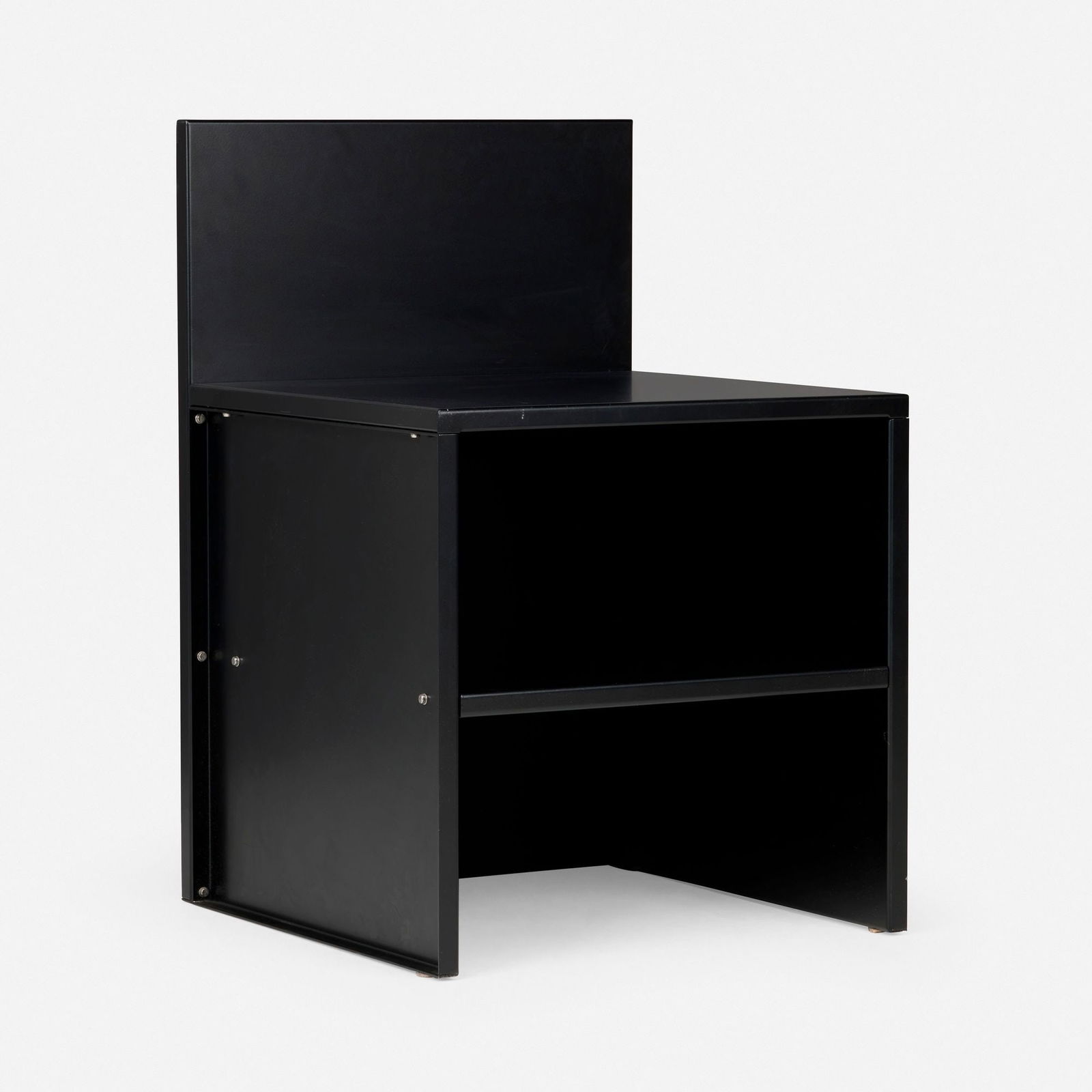 Donald Judd, No. 2 chair: Donald Judd No. 2 chair LehniUSA / Switzerland, 1984 / 2020painted aluminum 29.750 h x 19.750 w x 19.750 d in (76 x 50 x 50 cm) Impressed manufacturer's mark to underside 'Donald Judd ?