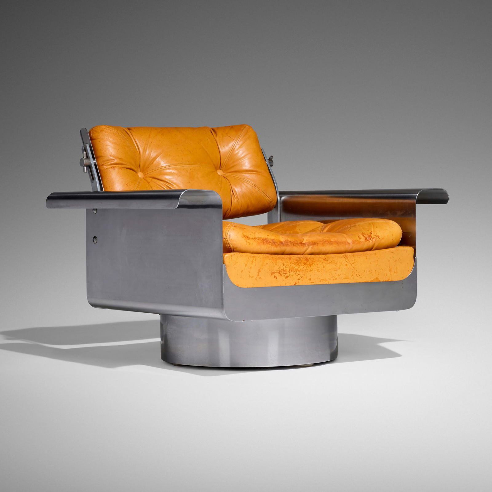 Pierre Folie, Douglas armchair: Pierre Folie Douglas armchair Jacques CharpentierFrance, 1960 / c. 1967stainless steel, leather 26.250 h x 34.250 w x 30.000 d in (67 x 87 x 76 cm) Armchair features a swivel base and an