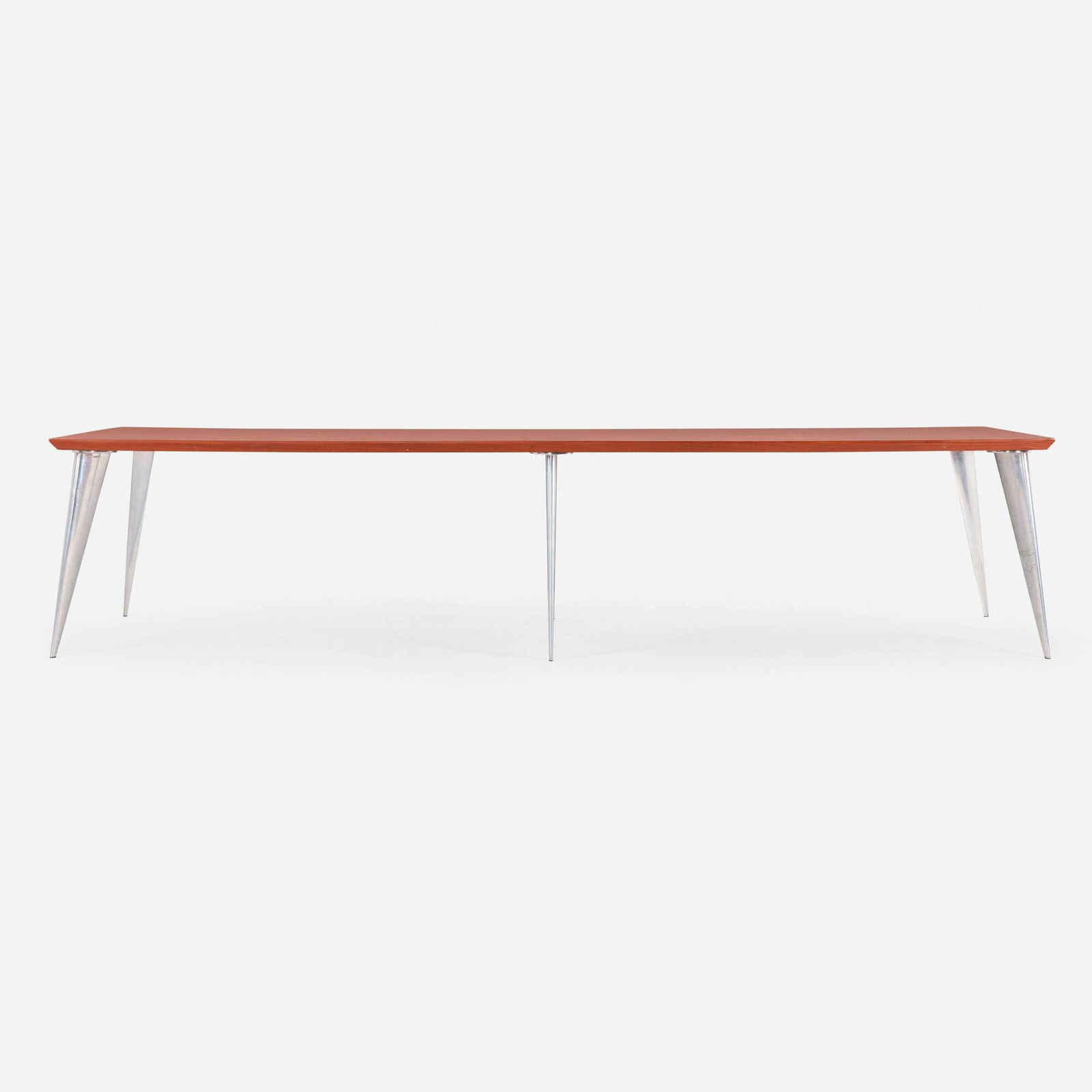 Philippe Starck, M (Serie Lang) dining table: Philippe Starck M (Serie Lang) dining table Driade AlephFrance, c. 1988ribbon mahogany, aluminum 29.250 h x 132.000 w x 42.000 d in (74 x 335 x 107 cm) Cast manufacturer's mark to each l