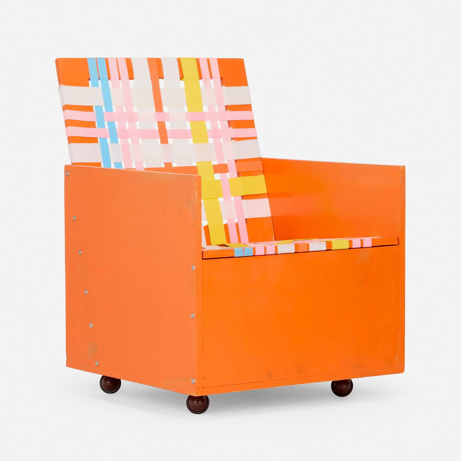 Mary Heilmann, Clubchair 16: Mary Heilmann Clubchair 16 USA, 2004painted plywood, polypropylene webbing, casters 34.000 h x 25.500 w x 27.000 d in (86 x 65 x 69 cm) Signed, dated and numbered to underside 'Mary Heilmann 2