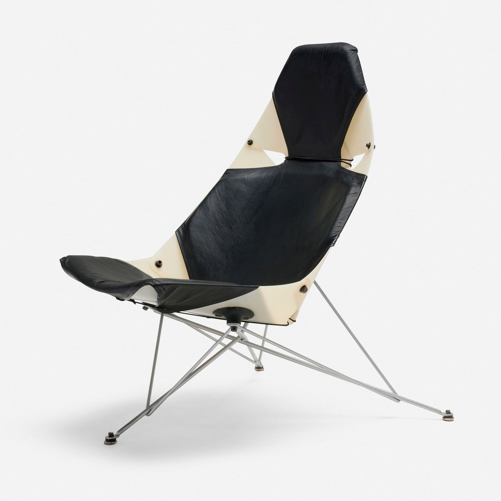 Wendell Lovett, Bikini chair: Wendell Lovett Bikini chair USA, c. 1954 / c. 1985 vulcunized plastic, leather upholstery, powder-coated steel, rubber 37.250 h x 29.500 w x 32.000 d in (95 x 75 x 81 cm) Paper studio label to