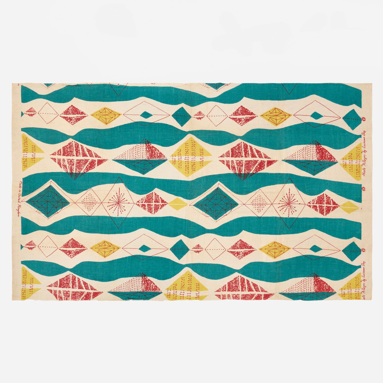 Lucienne Day, Allegro: Lucienne Day Allegro Heal's FabricsUnited Kingdom, 1952printed linen 46 w x 29 l in (117 x 74 cm) Printed manufacturer's mark to edges 'Heal's "Allegro" by Lucienne Day Made in the Unite