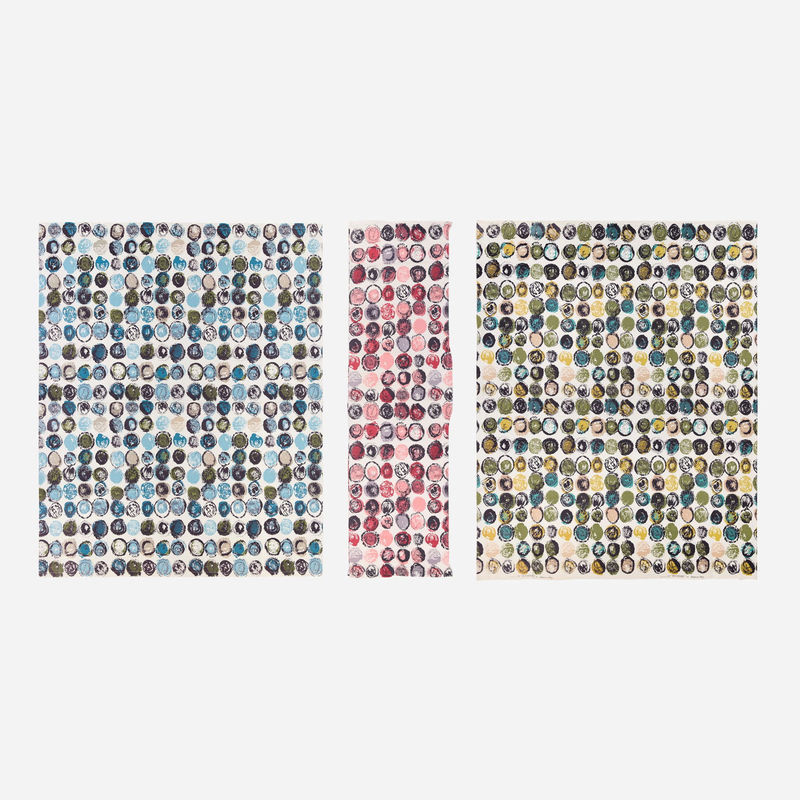 Lucienne Day, Ducatoon, three colorways: Lucienne Day Ducatoon, three colorways Heal's FabricsUnited Kingdom, 1959roller-printed cotton 47 w x 13.5 l in (119 x 34 cm) 48 w x 38.5 l in (122 x 98 cm) 48 w x 44.5 l in (122 x 113 cm