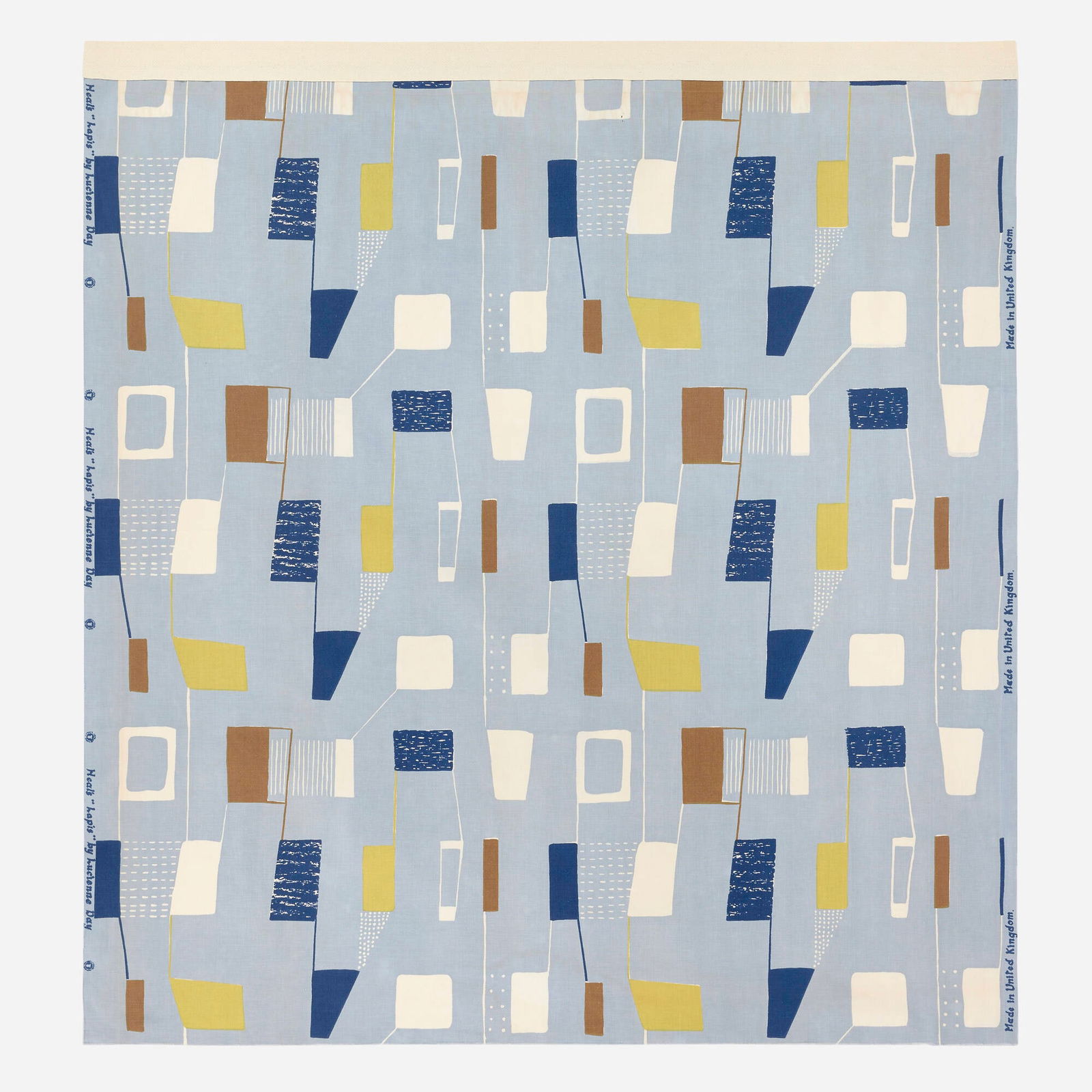 Lucienne Day, Lapis: Lucienne Day Lapis Heal's FabricsUnited Kingdom, 1953screen-printed cotton 46.5 w x 47.5 l in (118 x 121 cm) Printed manufacturer's mark to edges 'Heal's "Lapis" by Lucienne Day Made in