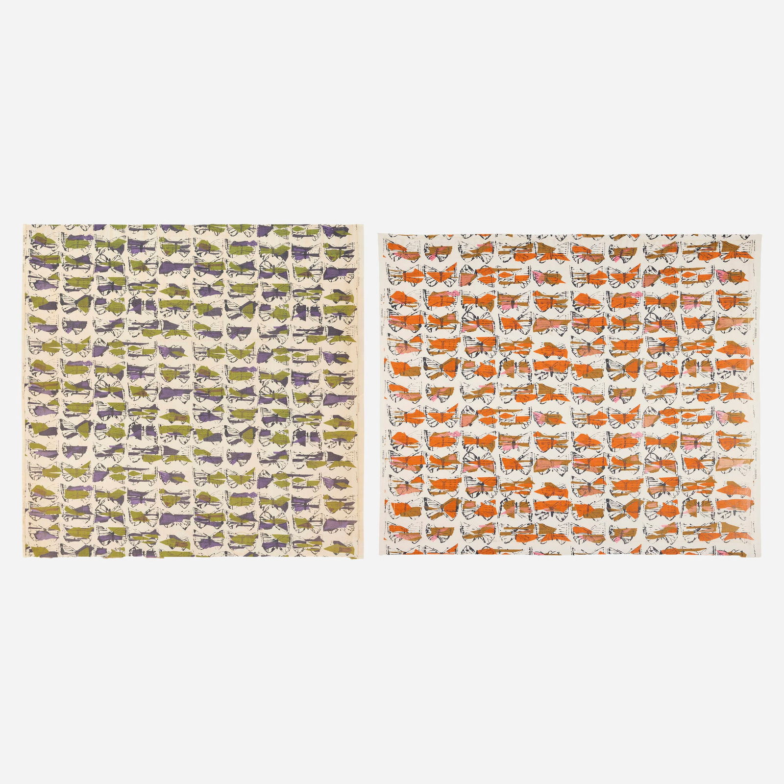 Lucienne Day, Vanessa, two colorways: Lucienne Day Vanessa, two colorways Heal's FabricsUnited Kingdom, 1960printed cotton 42 h x 49.5 w in (107 x 126 cm) 48 h x 48 w in (122 x 122 cm) Printed manufacturer's mark to edges