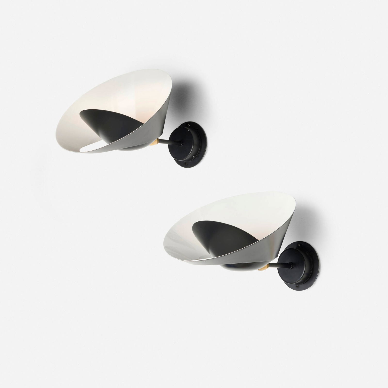 Serge Mouille, Saturne sconces, pair: Serge Mouille Saturne sconces, pair Les Editions Serge MouilleFrance, 1957 / 2017enameled aluminum and steel, brass 11 h x 11.75 w x 13 d in (28 x 30 x 33 cm) Incised manufacturer's mark