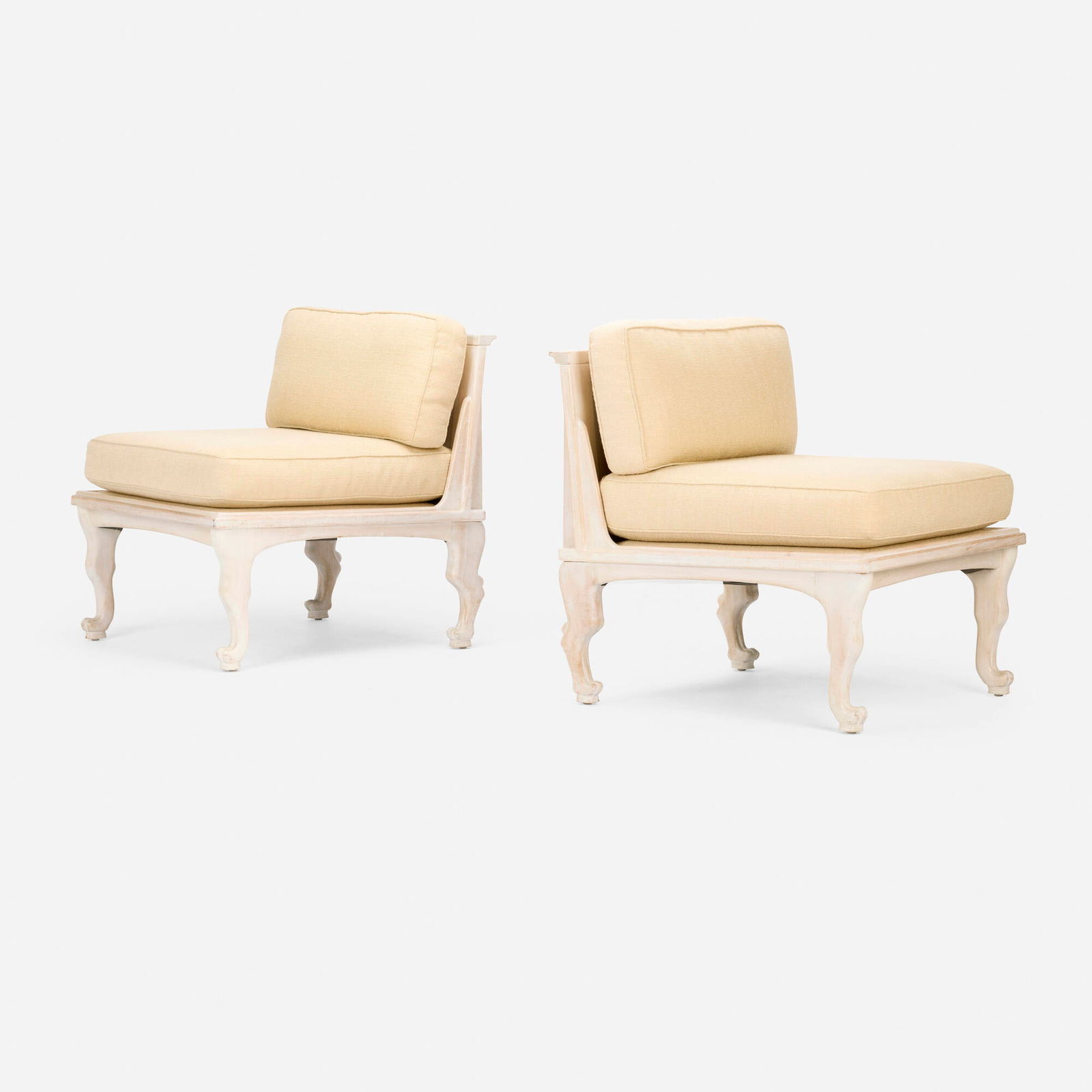 John Hutton, Lounge chairs, pair: John Hutton Lounge chairs, pair USA, c. 1980whitewashed wood, upholstery 31 h x 28 w x 31 d in (79 x 71 x 79 cm) This work will ship from Lambertville, New Jersey.
