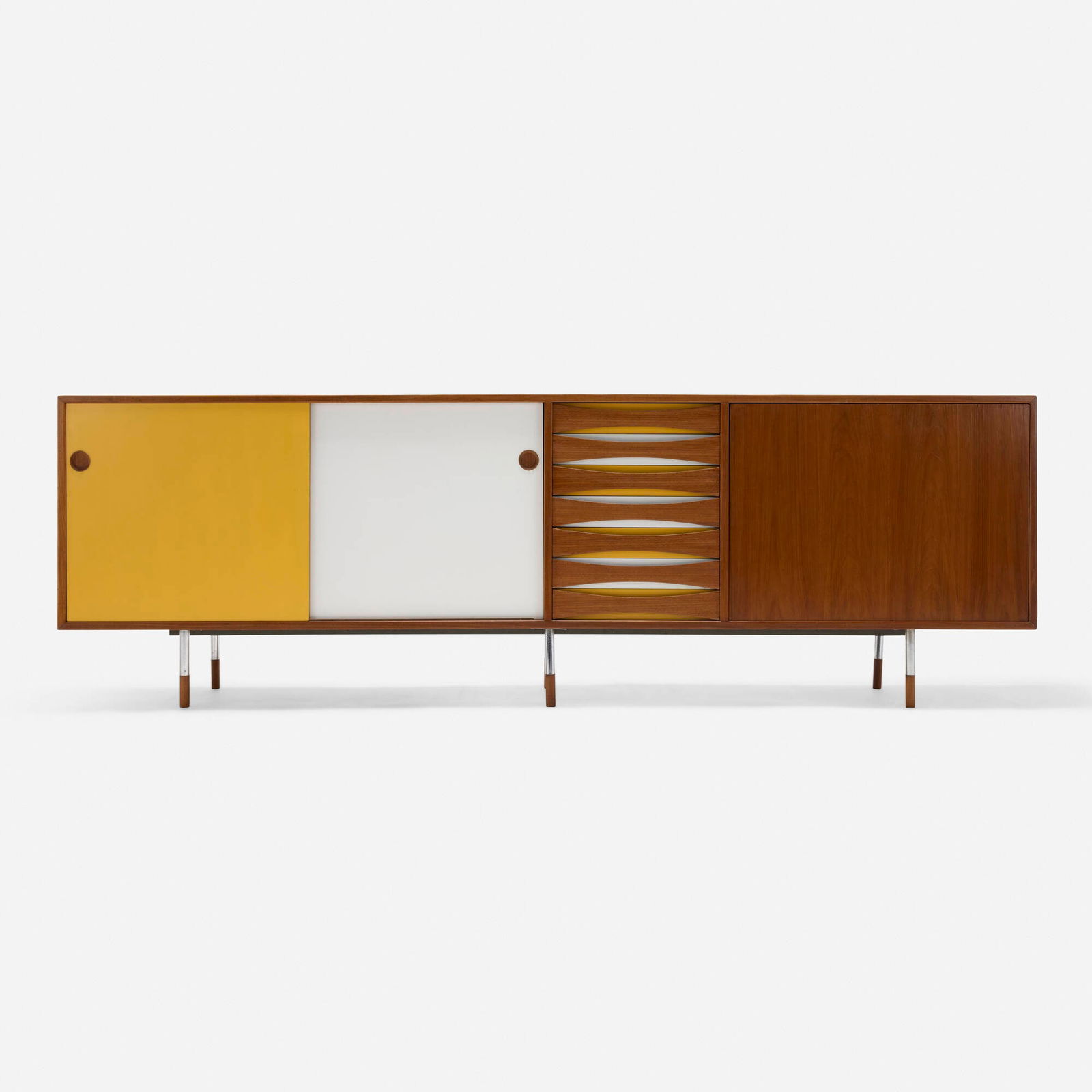 Arne Vodder, Cabinet, model 29A: Arne Vodder Cabinet, model 29A Sibast FurnitureDenmark, c. 1960teak, lacquered wood, chrome-plated steel 31.75 h x 98.5 w x 18.5 d in (81 x 250 x 47 cm) Cabinet features seven drawers, t