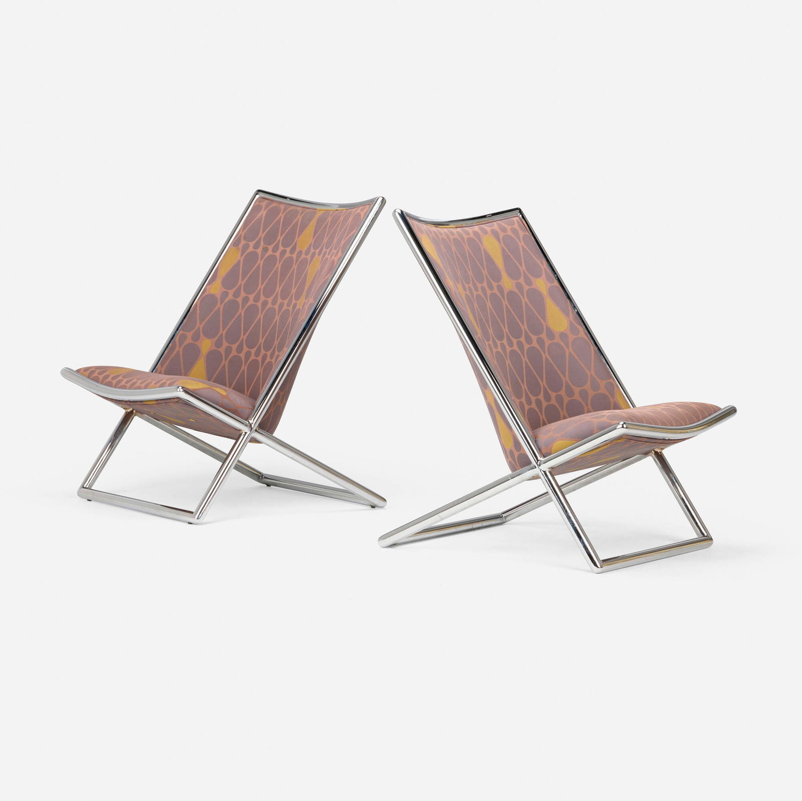 Ward Bennett, Scissor chairs, pair: Ward Bennett Scissor chairs, pair GeigerUSA, 1968chrome-plated steel, Jack Lenor Larsen upholstery 34.3 h x 24 w x 29 d in (87 x 61 x 74 cm) This work will ship from Lambert