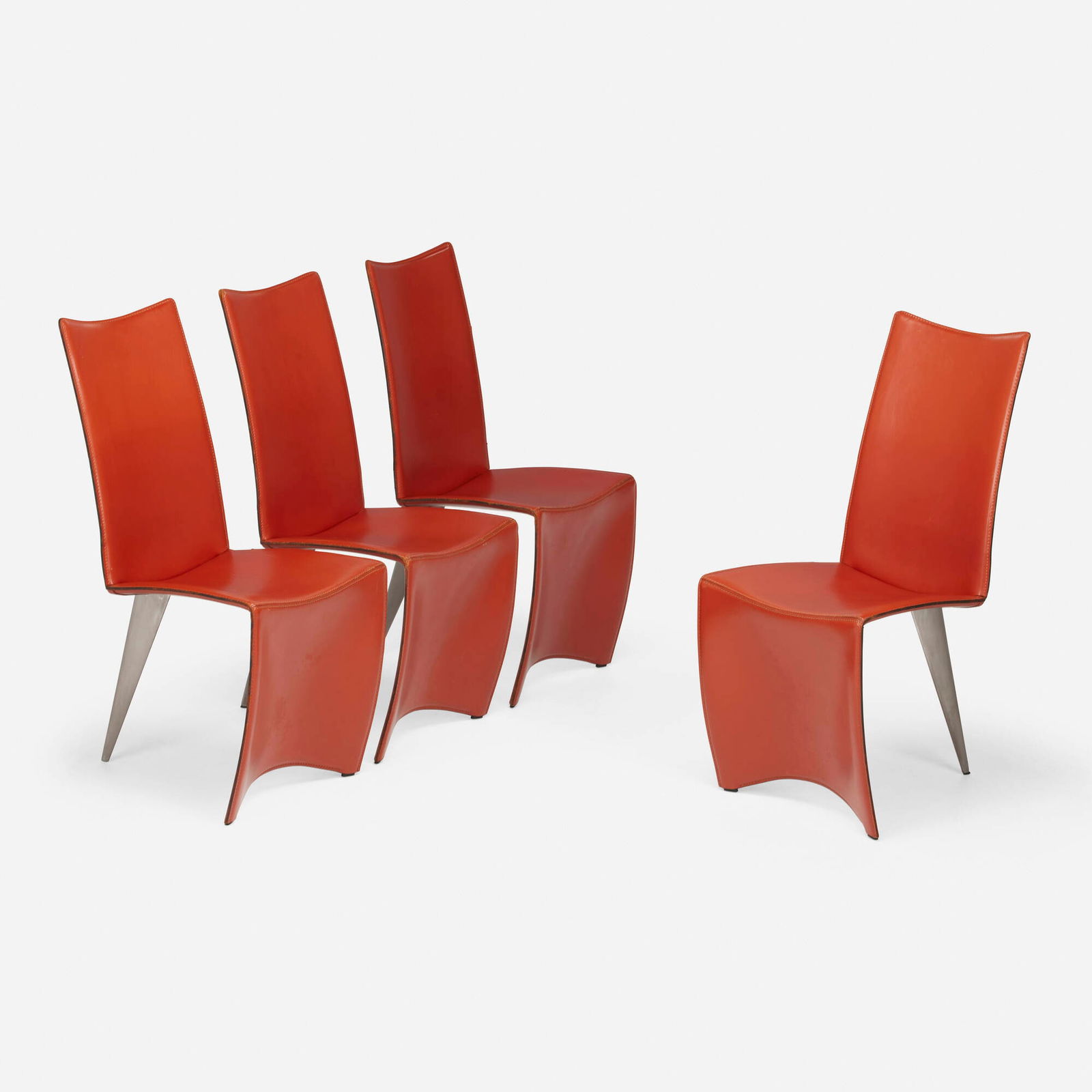 Philippe Starck, Ed Archer chairs, set of four: Philippe Starck Ed Archer chairs, set of four Driade AlephFrance, 1987leather upholstery, aluminum 38.75 h x 18.5 w x 22 d in (98 x 47 x 56 cm) Impressed manufacturer's mark to front leg