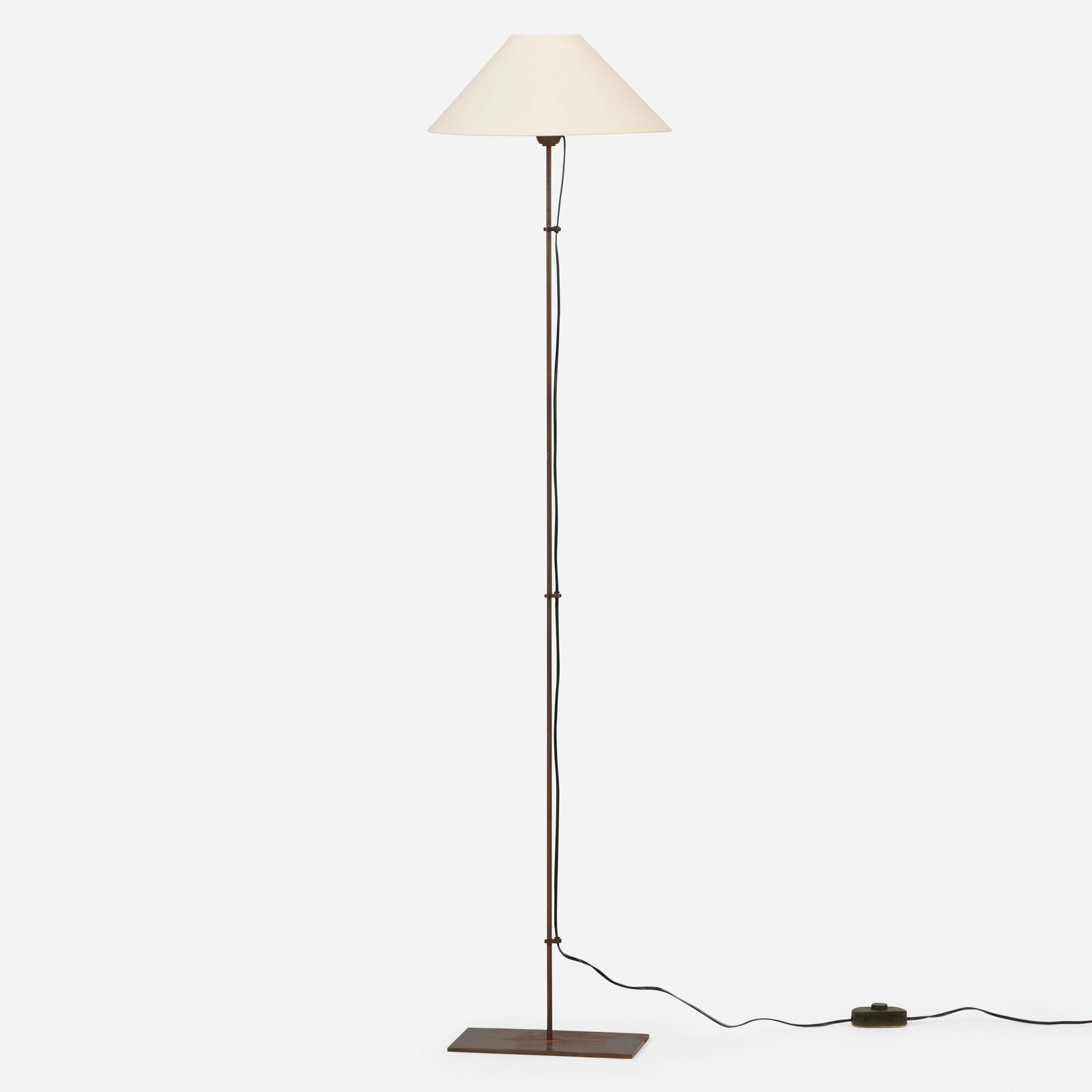 Christian Liaigre, Acier II floor lamp: Christian Liaigre Acier II floor lamp France, c. 2000 patinated steel, paper shade 58 h x 14 dia in (147 x 36 cm) Incised manufacturer's mark to corner of base 'CL'. This wo