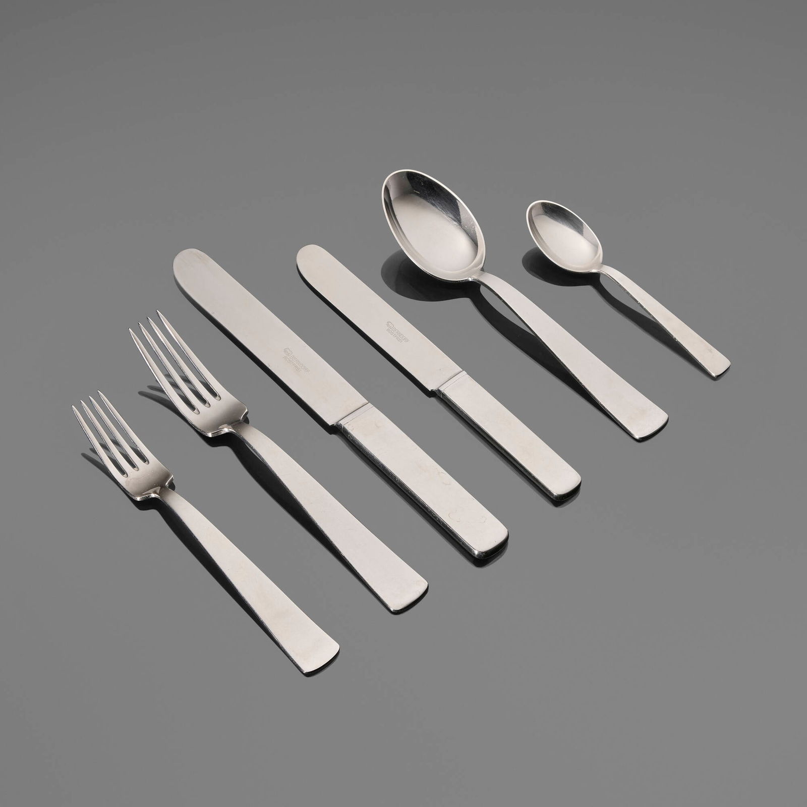 Gio Ponti, Flatware service, model 4900: Gio Ponti Flatware service, model 4900 Krupp BerndorfItaly / Austria, 1938stainless steel Complete six-piece service for six; thirty-six pieces total. Impressed manufacturer's mark to each