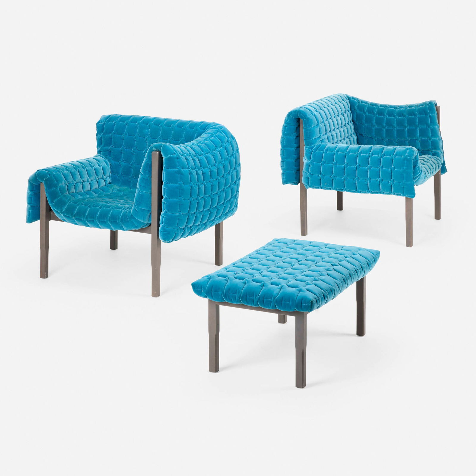 Igna Sempe, Ruche armchairs, pair and ottoman: Igna Sempe Ruche armchairs, pair and ottoman Ligne RosetFrance, c. 2005microfiber upholstery, lacquered wood chair: 32.25 h x 38 w x 36 d in (82 x 97 x 91 cm) ottoman: 16.75 h x 34.5 w x 23