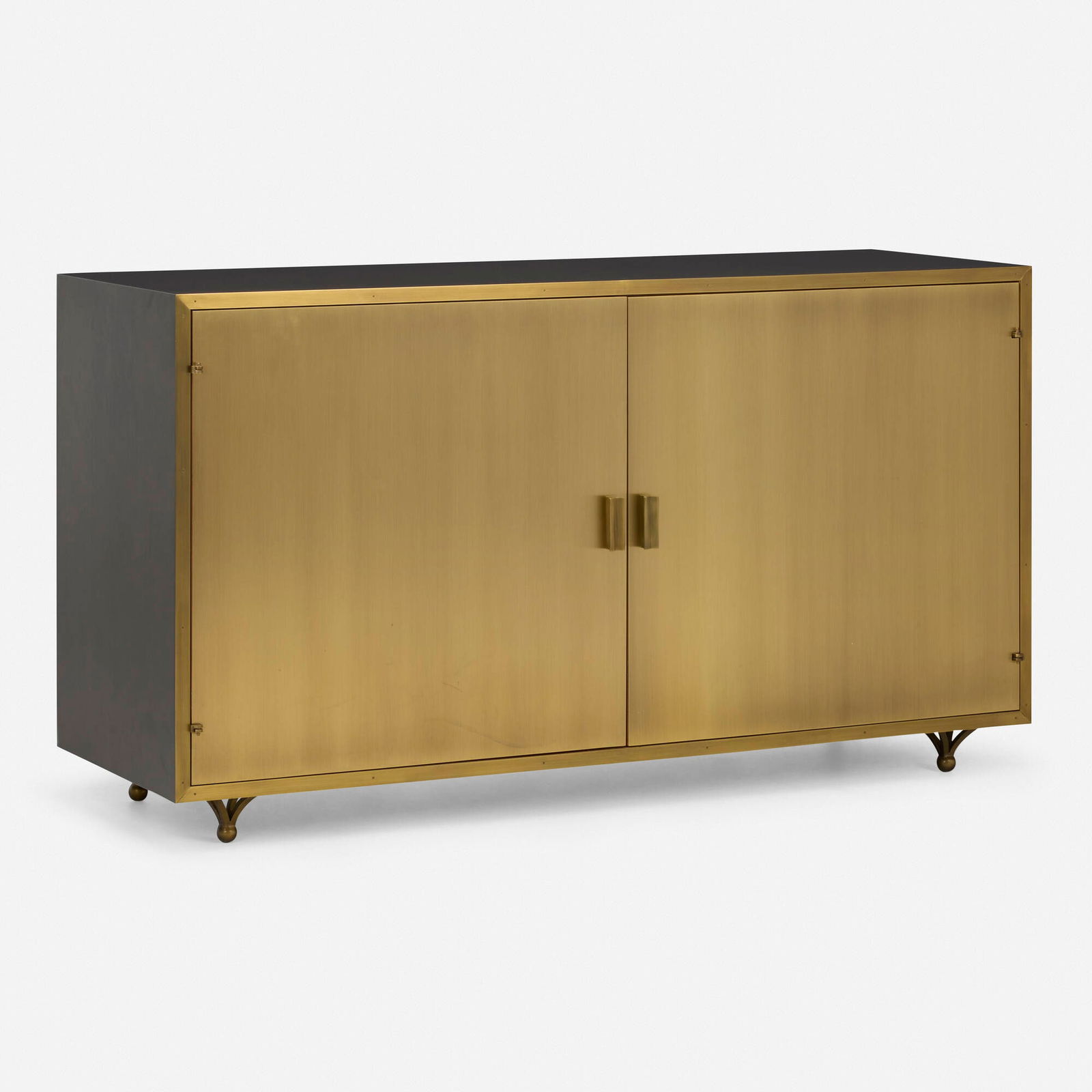 Julian Chichester, Fry cabinet: Julian Chichester Fry cabinet USA, c. 2016brass, lacquered parchment, cherry, leather 31.5 h x 56.75 w x 20.5 d in (80 x 144 x 52 cm) Cabinet features two doors concealing two drawers and two