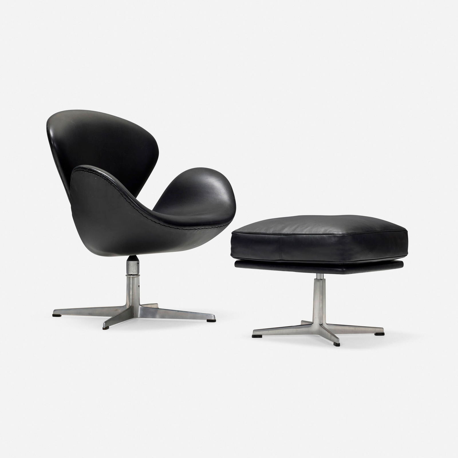 Arne Jacobsen, Swan chair, model 3320 and ottoman: Arne Jacobsen Swan chair, model 3320 and ottoman Fritz HansenDenmark / Poland, 1957 / 2021leather upholstery, aluminum, plastic chair: 32.5 h x 30 w x 25 d in (83 x 76 x 63 cm) ottoman: 17.2