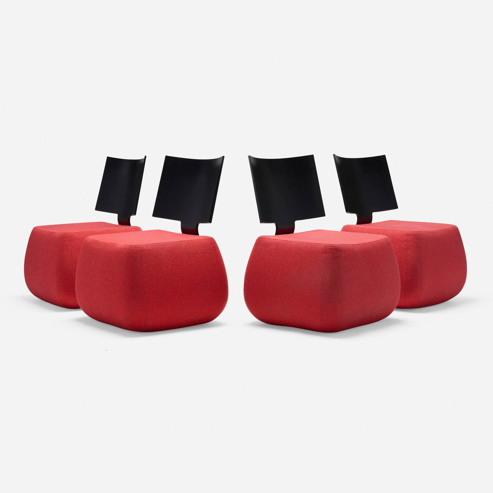 Pascal Mourgue, Tazia chairs, set of four: Pascal Mourgue Tazia chairs, set of four Ligne RosetFrance, c. 2004wool upholstery, stained plywood, brushed aluminum 30 h x 23 w x 22 d in (76 x 58 x 56 cm) Fabric manufacturer's label