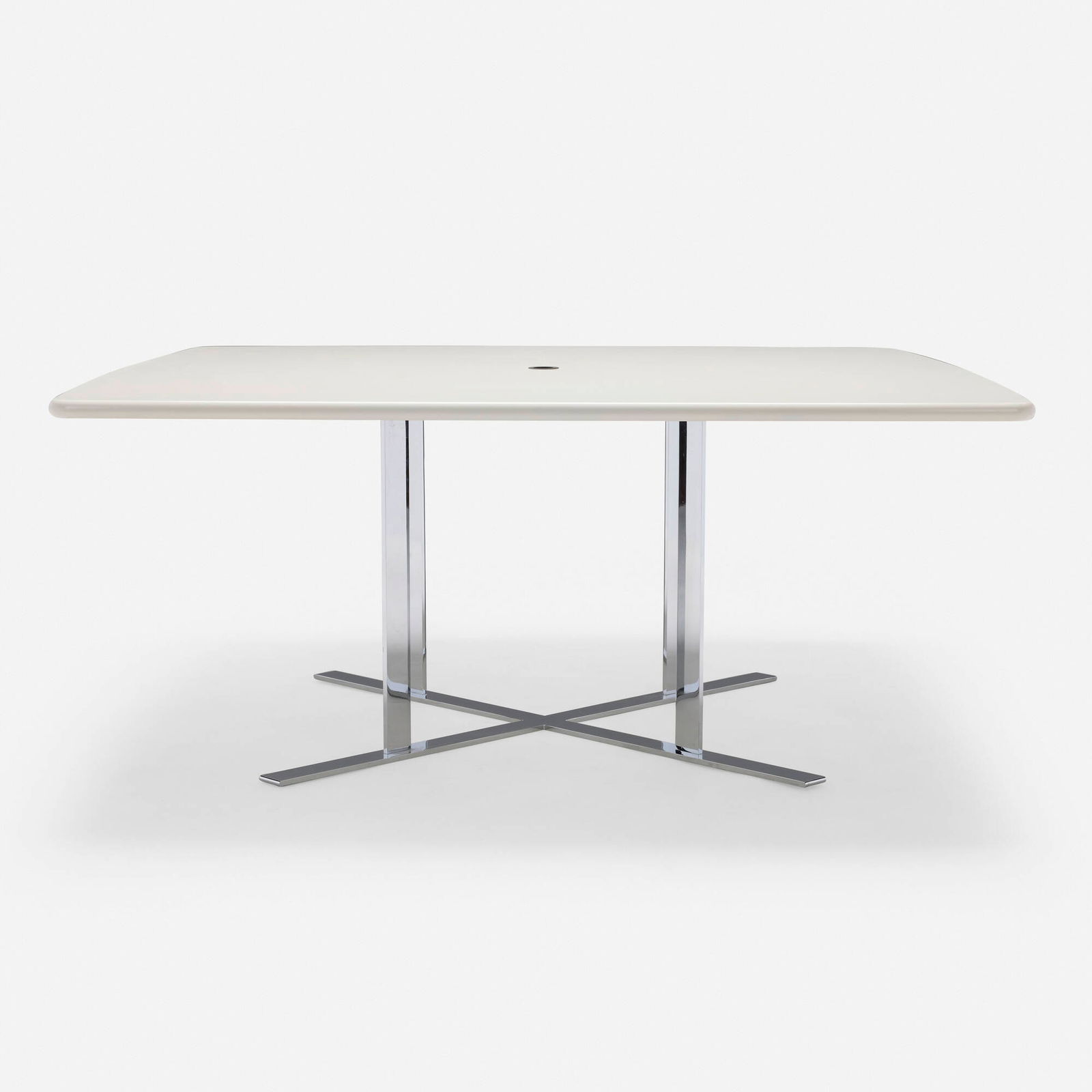 Pascal Mourgue, Tazia low dining table: Pascal Mourgue Tazia low dining table Ligne RosetFrance, c. 2004lacquered wood, chrome-plated steel 24 h x 55 w x 55 d in (61 x 140 x 140 cm) Provenance: Private Collect