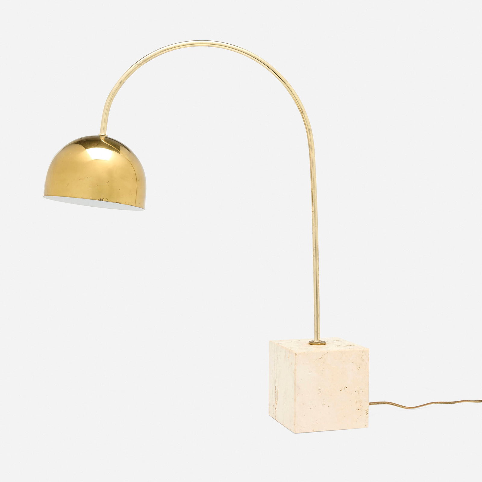 Harvey Guzzini, Table lamp: Harvey Guzzini Table lamp Italy, c. 1975travertine, brass-plated steel 24 h x 6 w x 20 d in (61 x 15 x 51 cm) This work will ship from Chicago, Illinois.