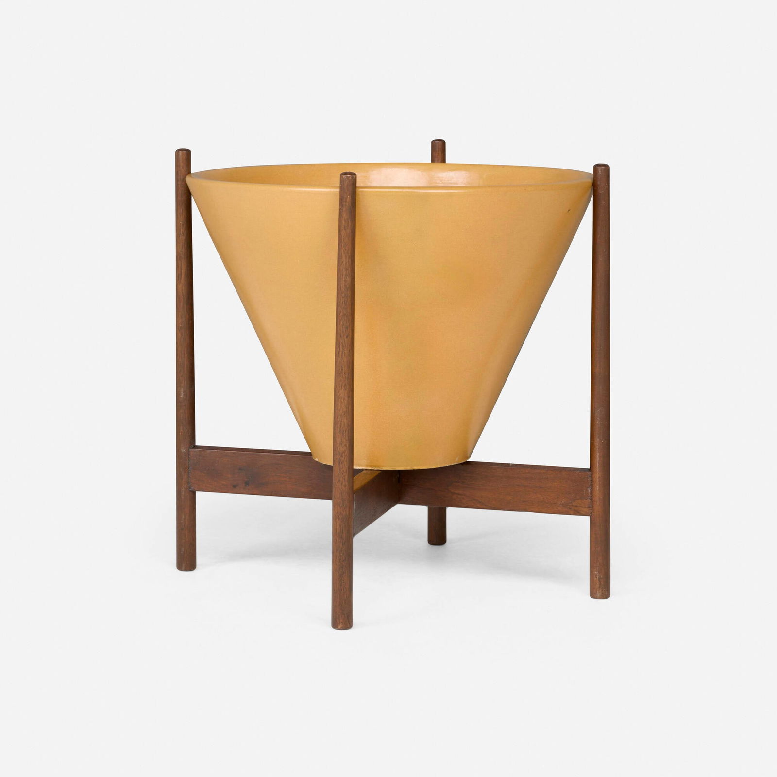 John Follis, Planter, model SW-04: John Follis Planter, model SW-04 Architectural PotteryUSAglazed stoneware, walnut 20 h x 19.5 w x 19.5 d in (51 x 50 x 50 cm) Incised mark to underside of planter 'USA'. L