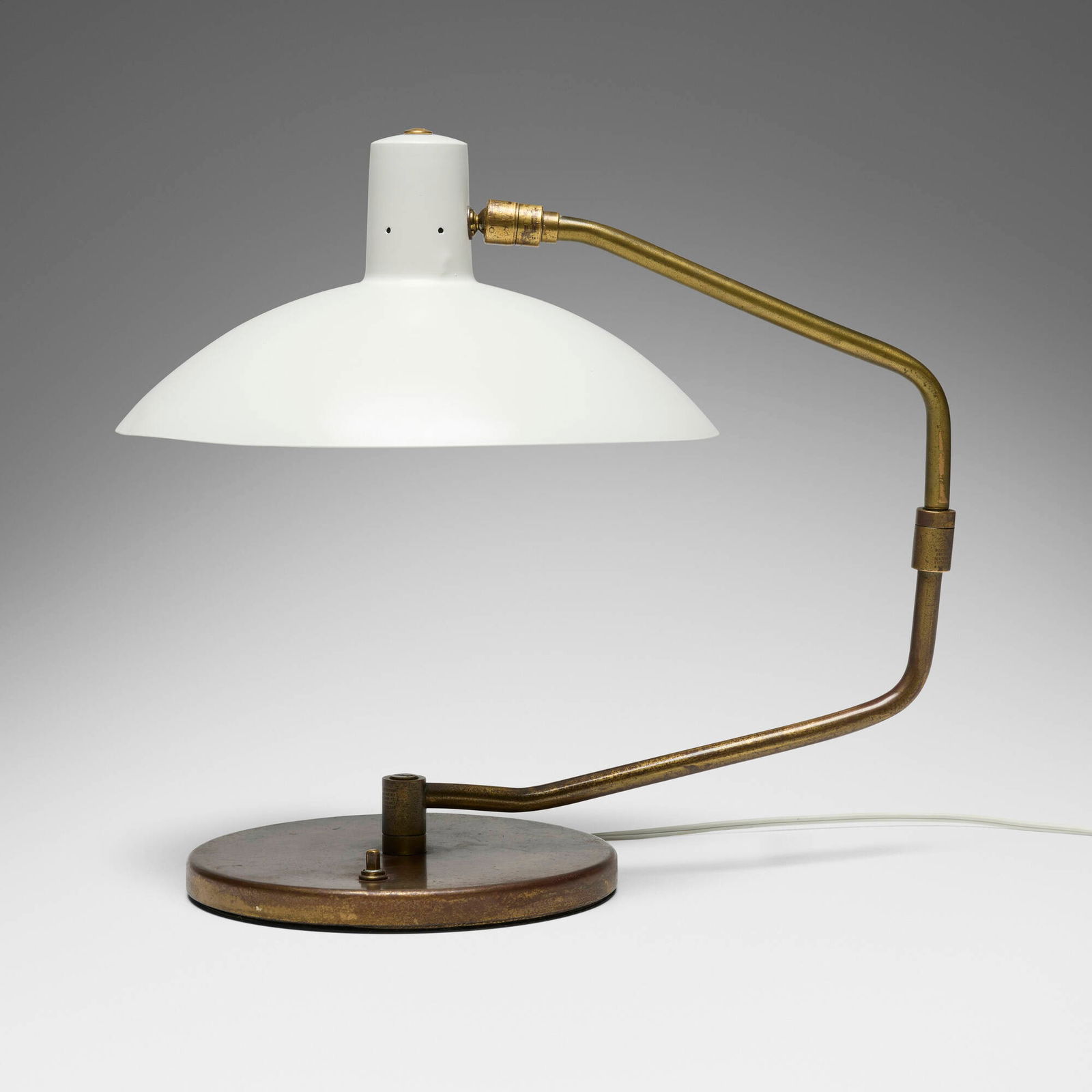 Clay Michie, Table lamp, model No. 8: Clay Michie Table lamp, model No. 8 Knoll AssociatesUSA, c. 1958lacquered aluminum, brass 14.75 h x 11.75 w x 16.75 d in (37 x 30 x 43 cm) Lamp features an adjustable shade with a pivoti