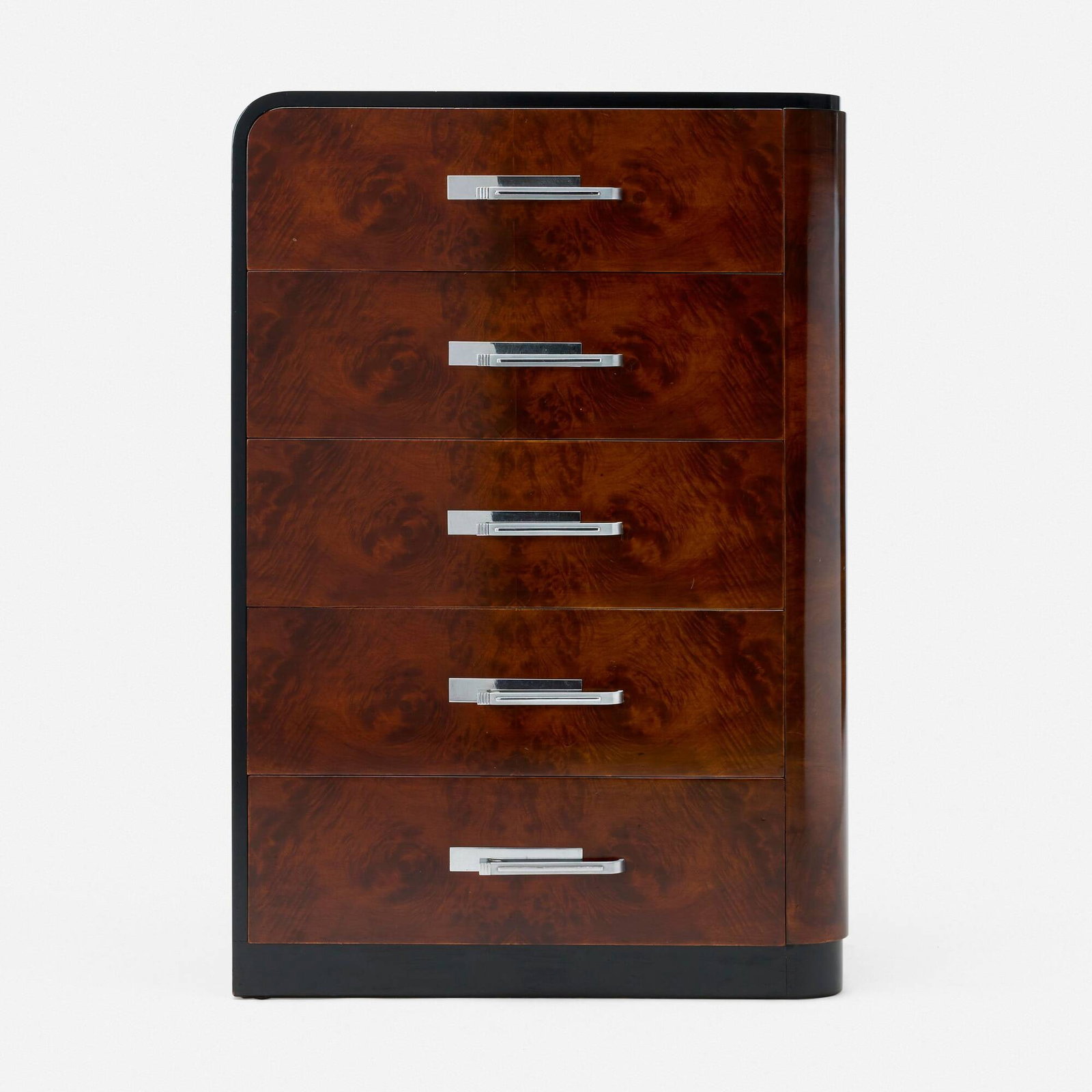 Donald Deskey, Cabinet: Donald Deskey Cabinet Widdicomb USA, 1932 walnut burl, lacquered wood, chrome-plated steel and brass 48 h x 33 w x 18.5 d in (122 x 84 x 47 cm) Cabinet features five drawers. Metal manufac