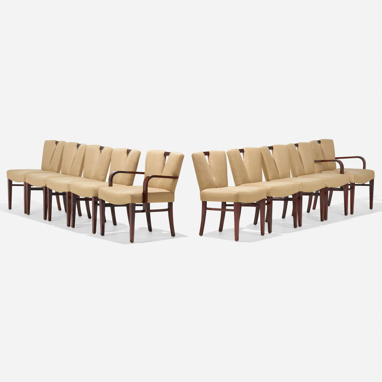 Paul T. Frankl, Dining chairs, set of ten: Paul T. Frankl Dining chairs, set of ten Johnson Furniture CompanyUSA, c. 1948stained mahogany, upholstery armchair: 32 h x 24.5 w x 20 d in (81 x 62 x 51 cm) side chair: 32.5 h x 20 w x 20