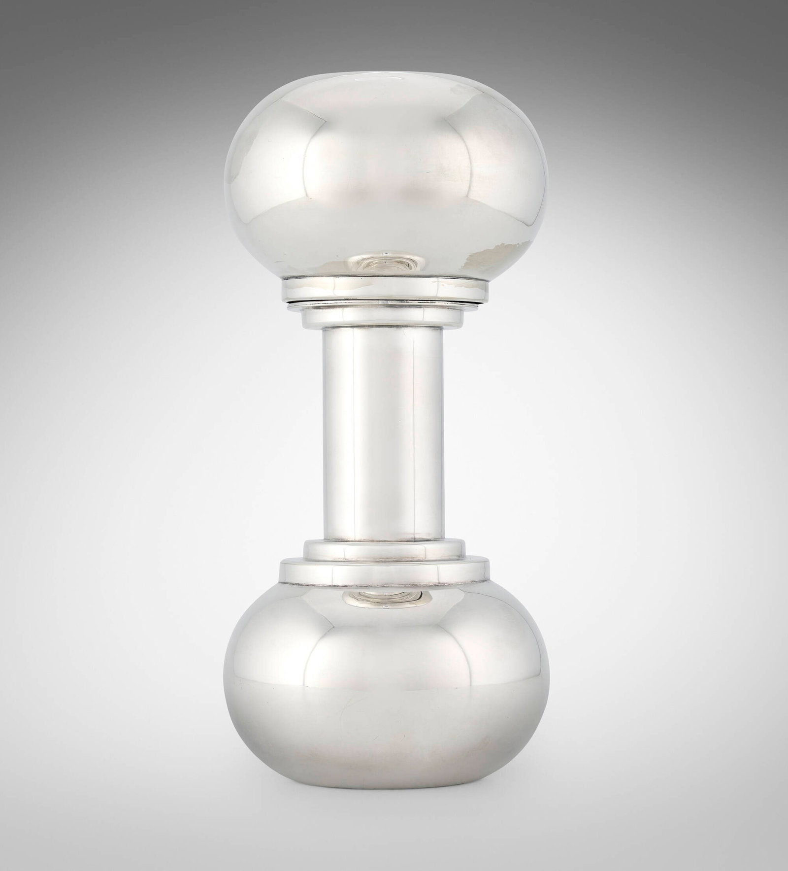 Asprey & Co., Dumbbell cocktail shaker: Asprey & Co. Dumbbell cocktail shaker United Kingdom, 2003 silver-plated metal 10.5 h x 4.75 dia in (27 x 12 cm) Impressed mark to underside 'A&Co Asprey London 3138S Made in England'. <