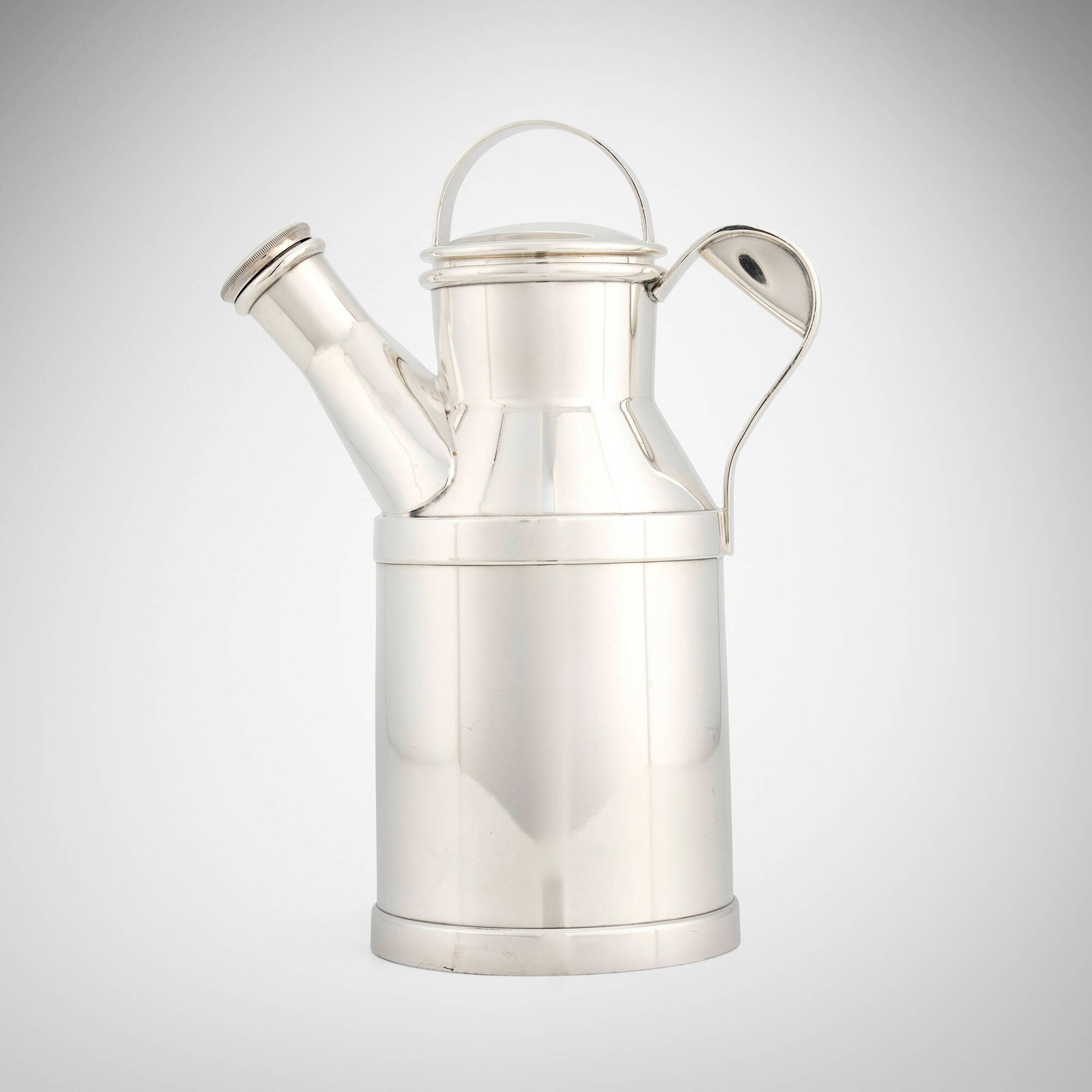 Reed & Barton, Milk jug cocktail shaker: Reed & Barton Milk jug cocktail shaker Taunton, USA, 1938 silver-plate 10.75 h x 8 w x 4.875 d in (27 x 20 x 12 cm) Impressed manufacturer's mark to underside 'Reed & Barton 25 64oz'.