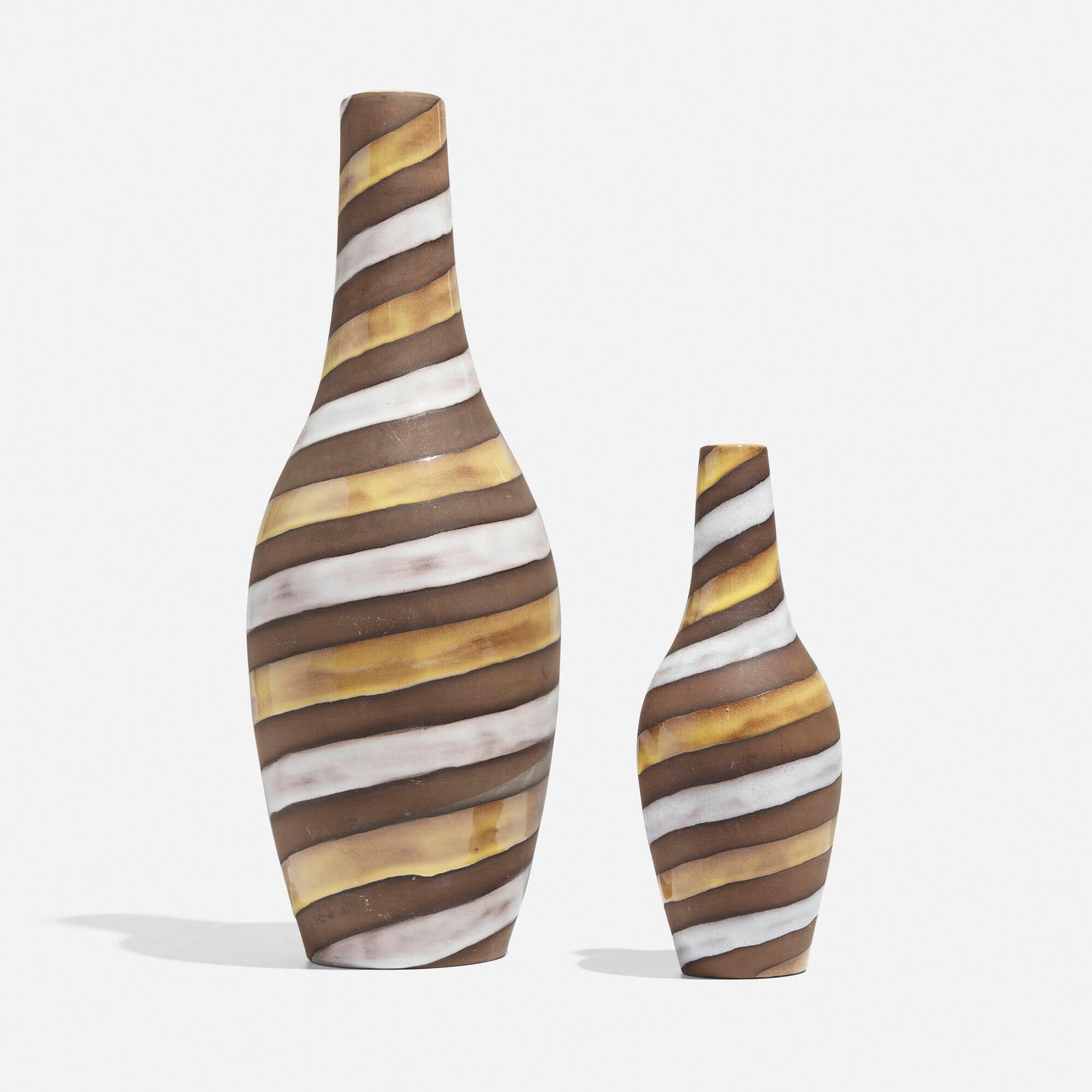 Ingrid Atterberg, Spiral vases, set of two: Ingrid Atterberg Spiral vases, set of two Upsala-EkebySweden, c. 1950glazed stoneware 14 h x 4.5 dia in (36 x 11 cm) 8 h x 2.5 dia in (20 x 6 cm) Impressed artist cipher and numbered