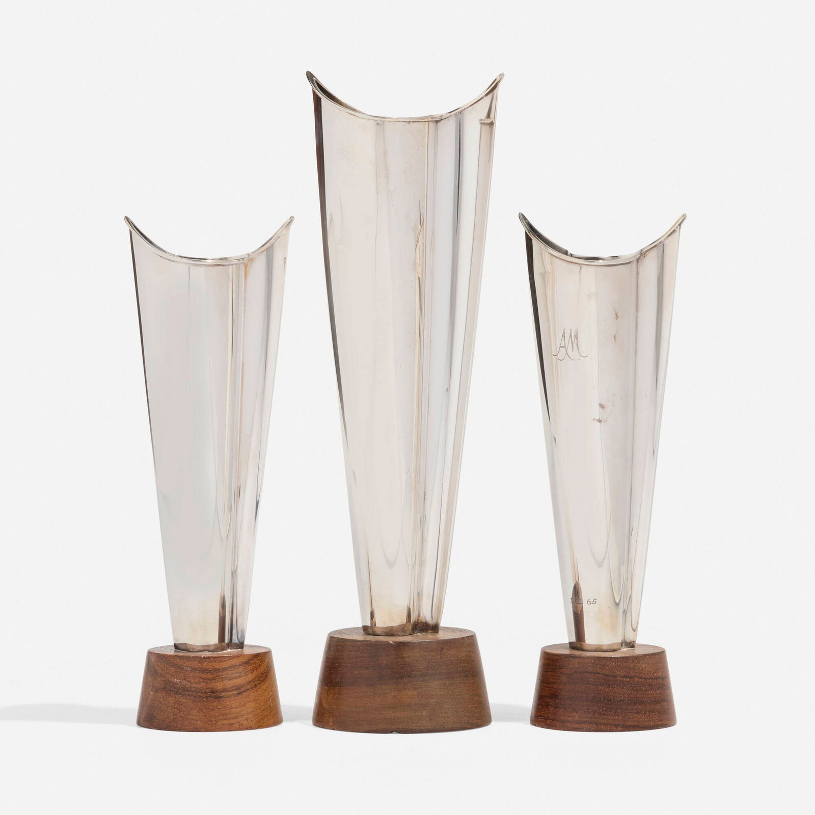 Tapio Wirkkala, Vases model TW228, set of three: Tapio Wirkkala Vases model TW228, set of three Kultakeskus OyFinland, 1960 / 1965silver, rosewood 10.25 h x 3.25 w x 2.875 d in (26 x 8 x 7 cm) 8 h x 2.625 w x 2.25 d in (20 x 7 x 6 cm) <