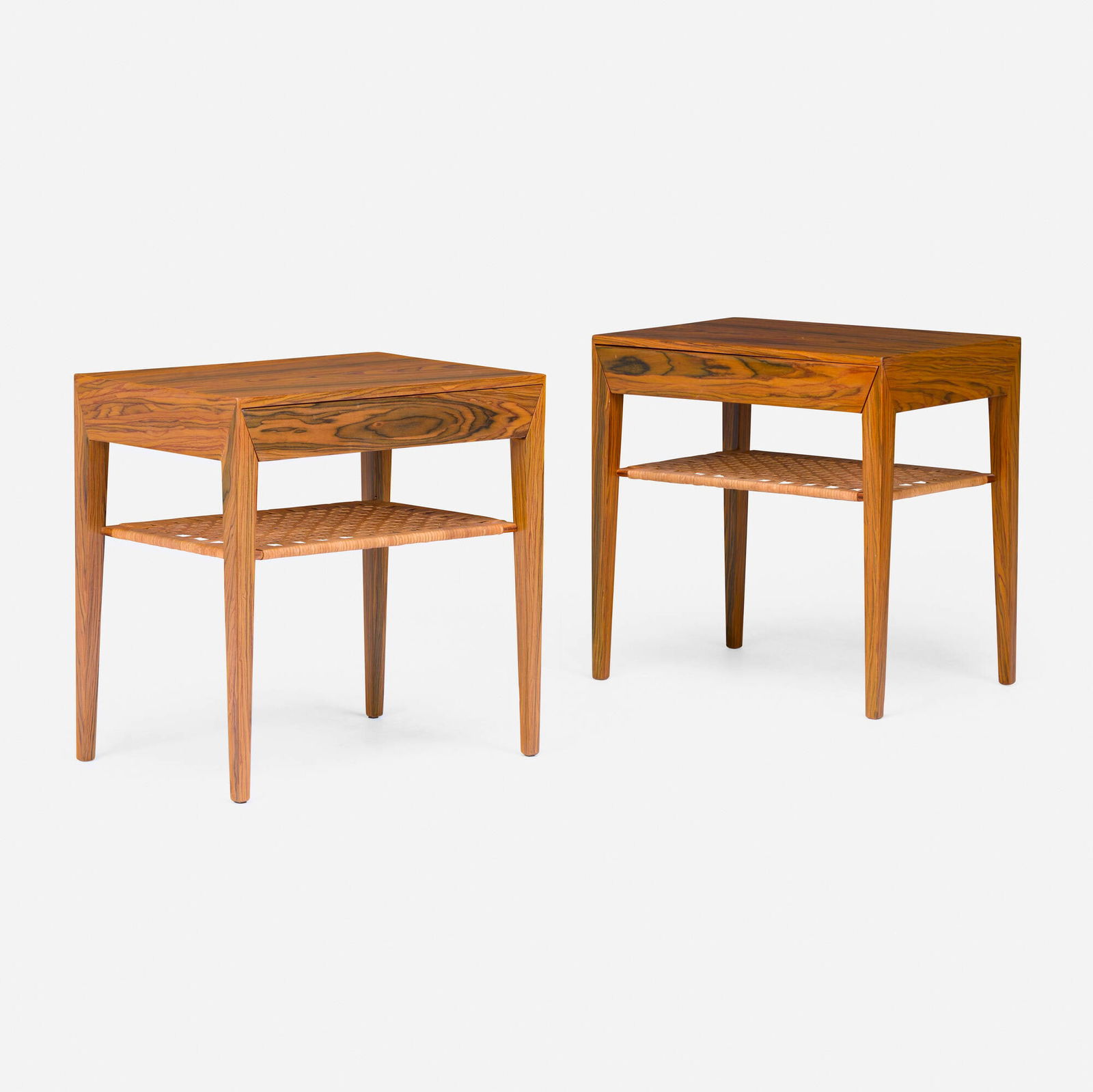 Severin Hansen Jr., Nightstands, pair: Severin Hansen Jr. Nightstands, pair Haslev Mobelsnedkeri A/SDenmark, c. 1965rosewood, cane 19.5 h x 19.75 w x 13.75 d in (50 x 50 x 35 cm) Nightstands each feature one drawer over one s
