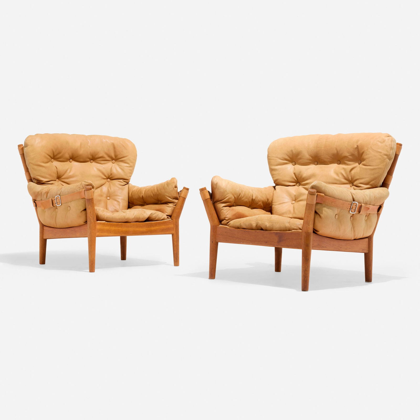John Mortensen, Lounge chairs model 4512, pair: John Mortensen Lounge chairs model 4512, pair Magnus OlesenDanish, c. 1968leather, oak 31 h x 32 w x 30 d in (79 x 81 x 76 cm) This work will ship from Chicago, Illinois.