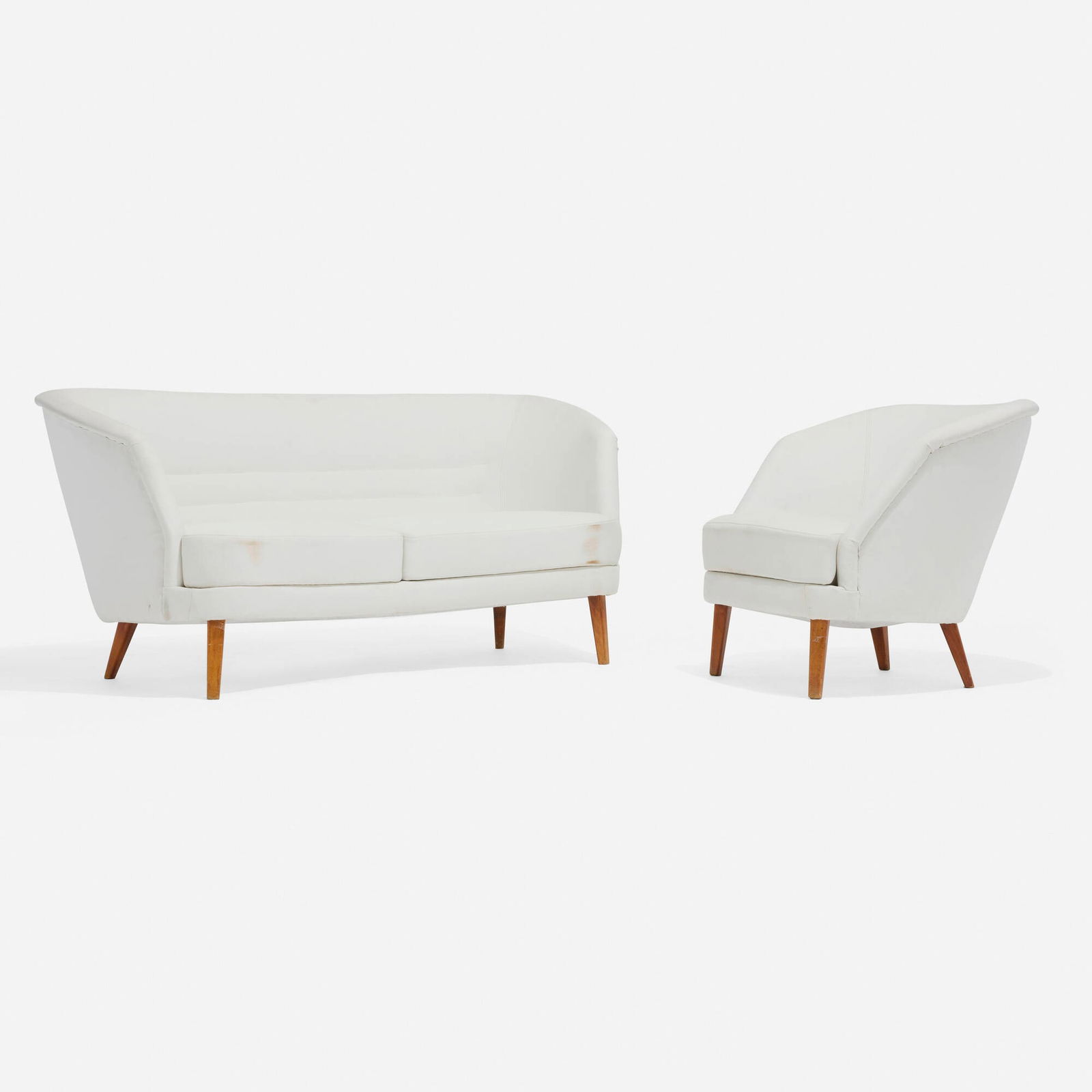 Ingemar Thillmark, Settee, model 319 and lounge chair: Ingemar Thillmark Settee, model 319 and lounge chair OPESweden, c. 1955upholstery, stained beech 30 h x 66 w x 34 d in (76 x 168 x 86 cm) 28 h x 30 w x 34 d in (71 x 76 x 86 cm) Manuf