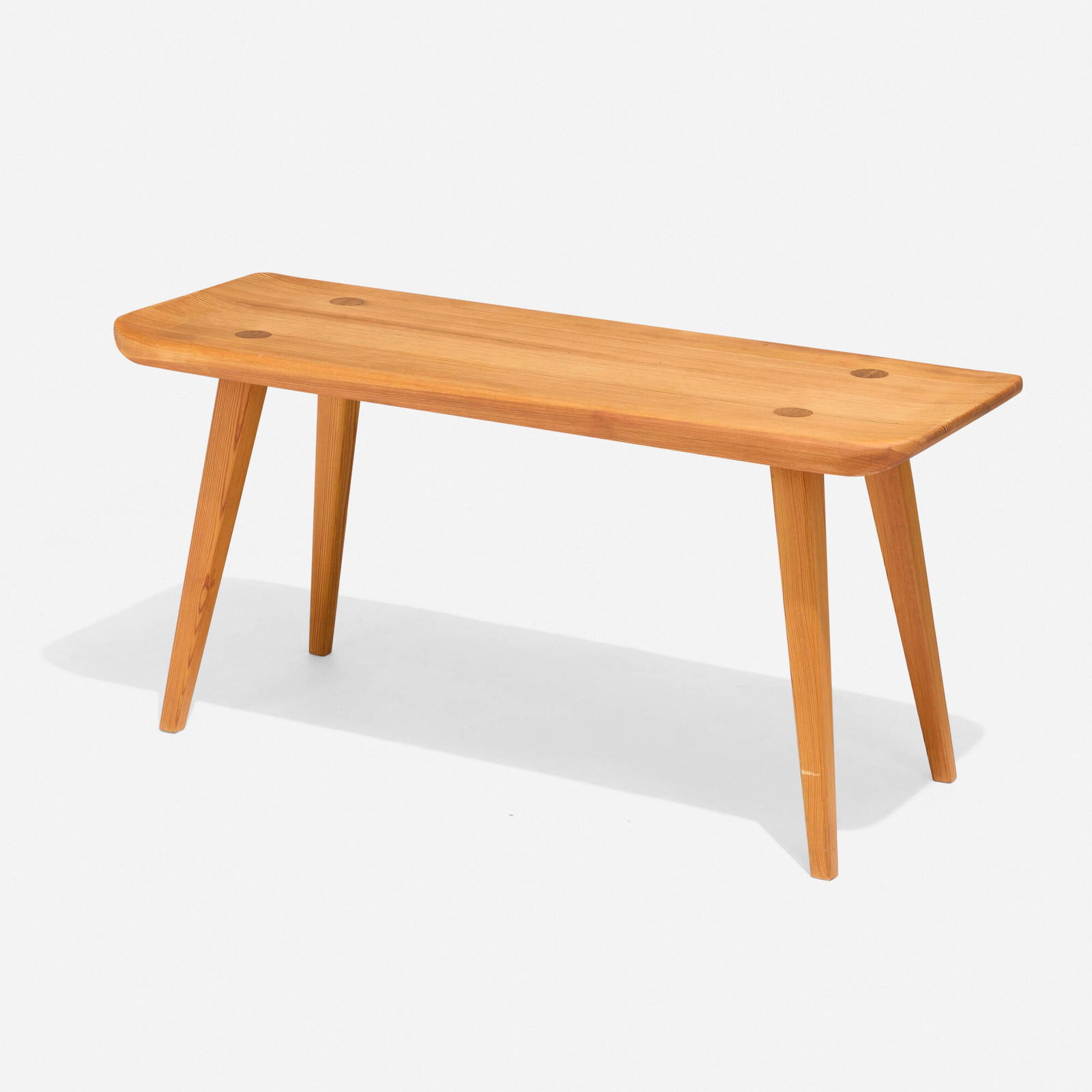 Carl Malmsten, Bench: Carl Malmsten Bench Karl Andersson & SonerSweden, 1953pine 17 h x 35.25 w x 13 d in (43 x 90 x 33 cm) Branded manufacturer's mark to underside 'Svensk Fur'. This work