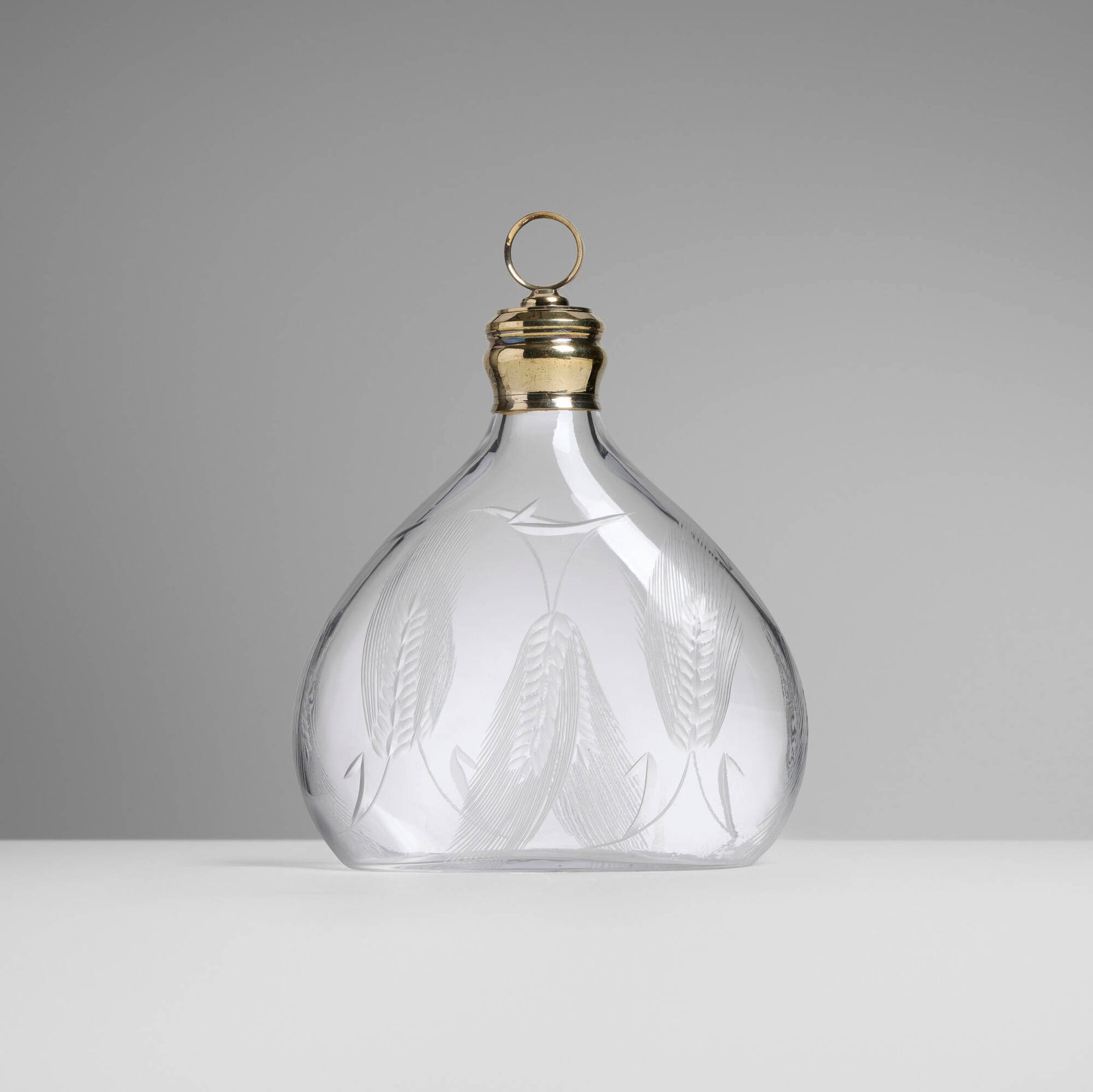 Puiforcat, Decanter with wheat sheaves and stopper: Puiforcat Decanter with wheat sheaves and stopper France, c. 1910 wheel-carved glass, silver gilt 8.75 h x 6.75 w x 3 d in (22 x 17 x 8 cm) Impressed maker's mark to stopper 'EP' with French ha